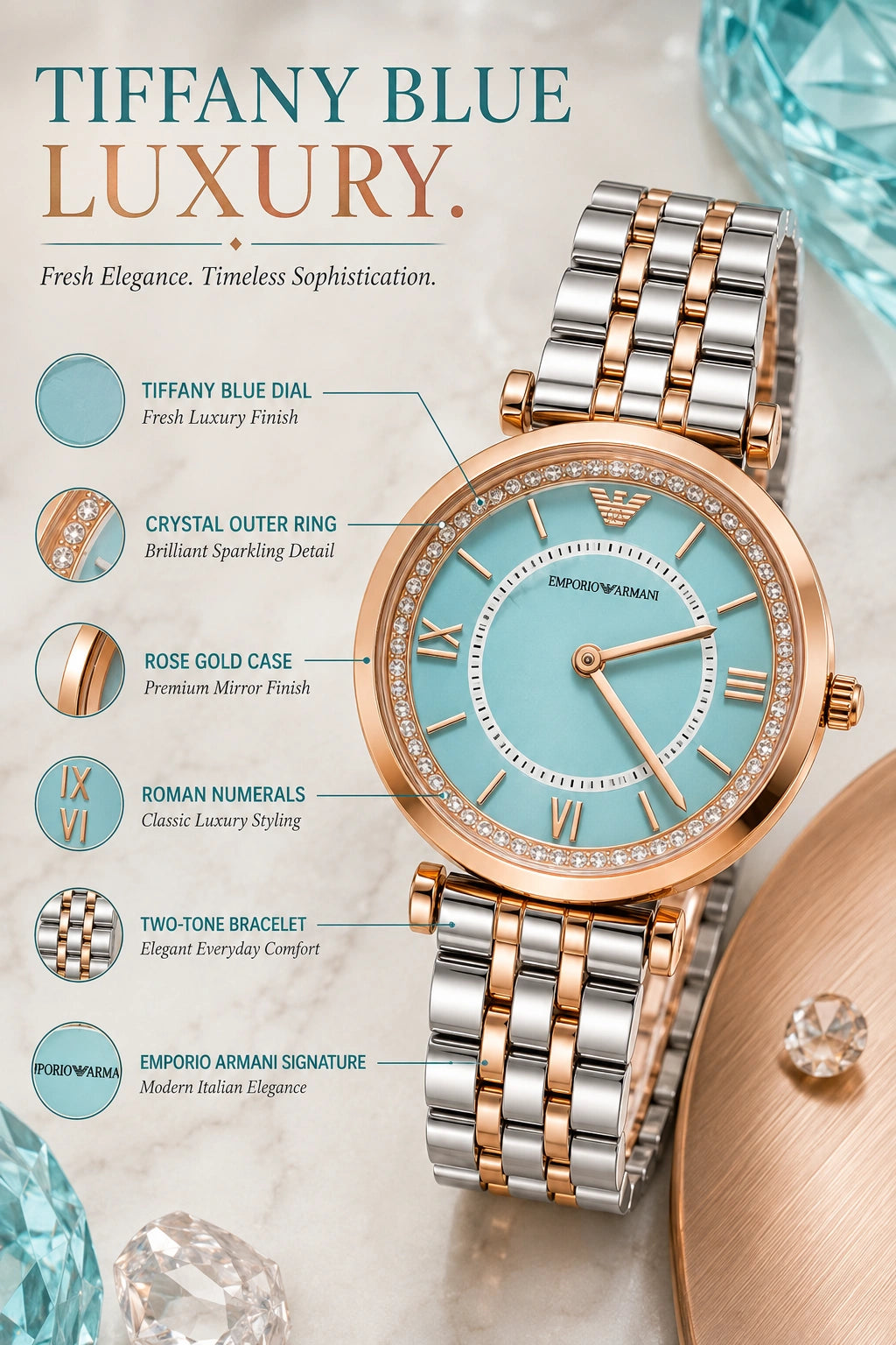 Emporio Armani Tiffany Blue Luxe Women's Watch | Rose Gold Two-Tone Bracelet | Crystal Bezel | Premium Analog Watch
