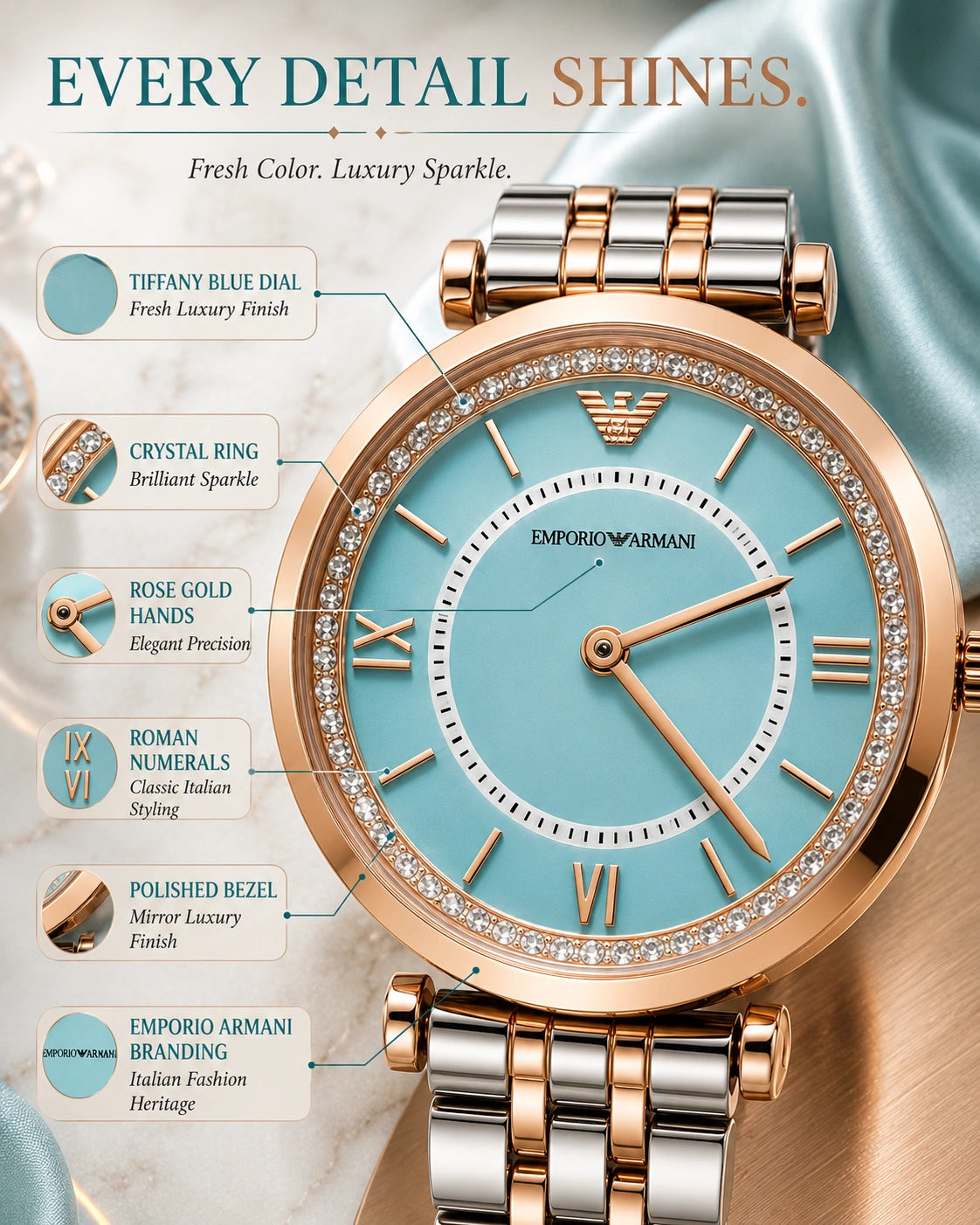 Emporio Armani Tiffany Blue Luxe Women's Watch | Rose Gold Two-Tone Bracelet | Crystal Bezel | Premium Analog Watch