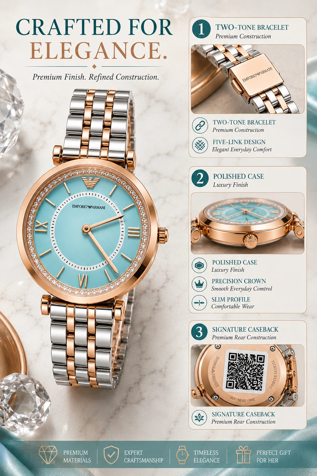 Emporio Armani Tiffany Blue Luxe Women's Watch | Rose Gold Two-Tone Bracelet | Crystal Bezel | Premium Analog Watch