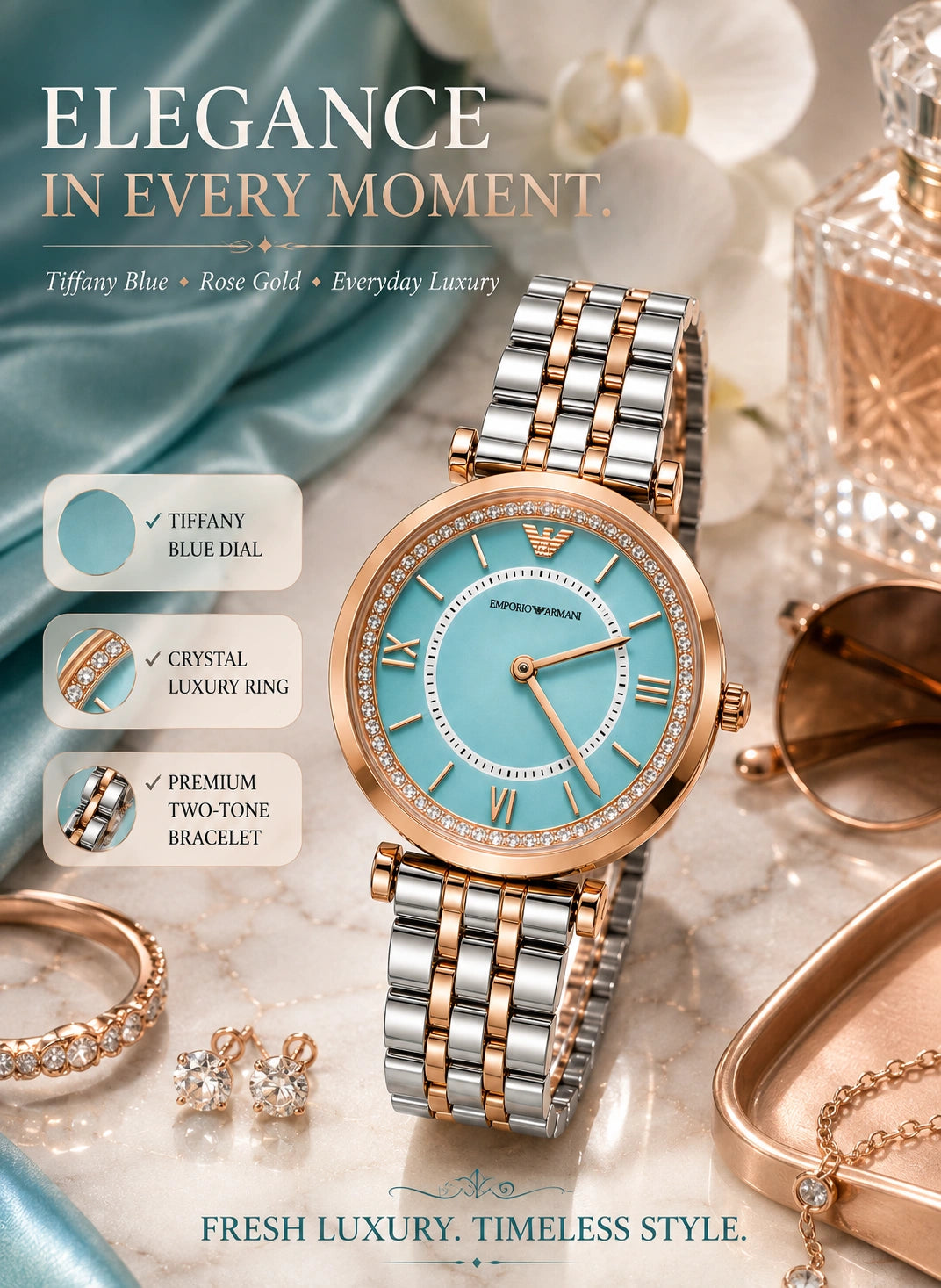 Emporio Armani Tiffany Blue Luxe Women's Watch | Rose Gold Two-Tone Bracelet | Crystal Bezel | Premium Analog Watch