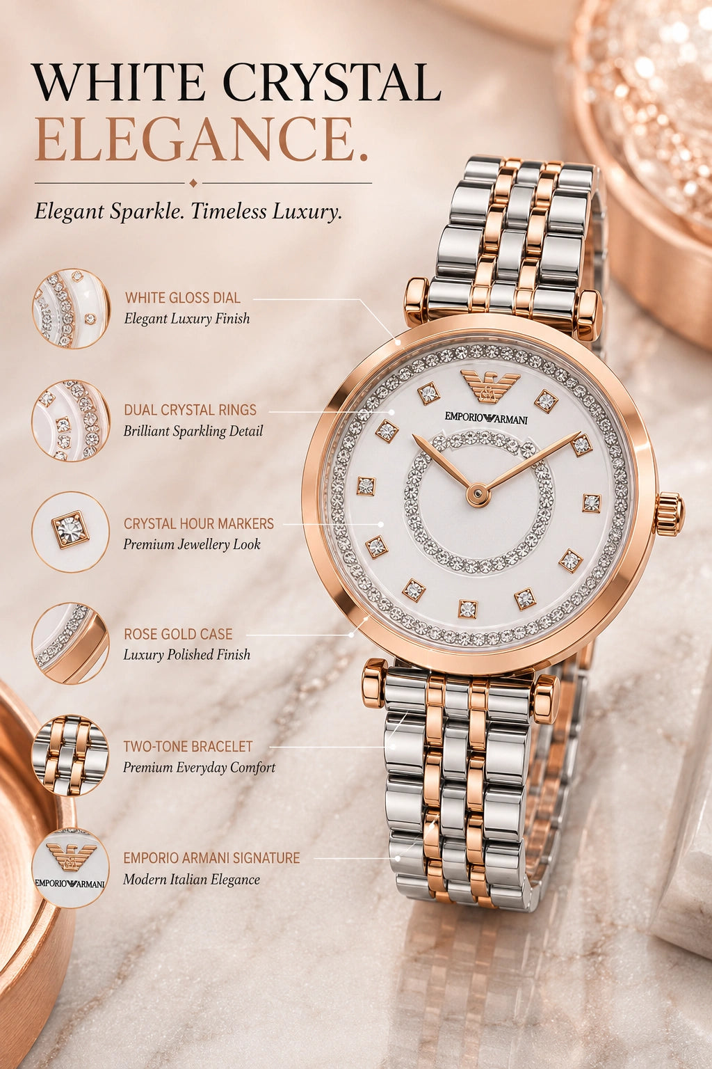 Emporio Armani White Crystal Luxury Women's Watch | White Dial Rose Gold Two-Tone Analog Watch | Premium Bracelet Watch