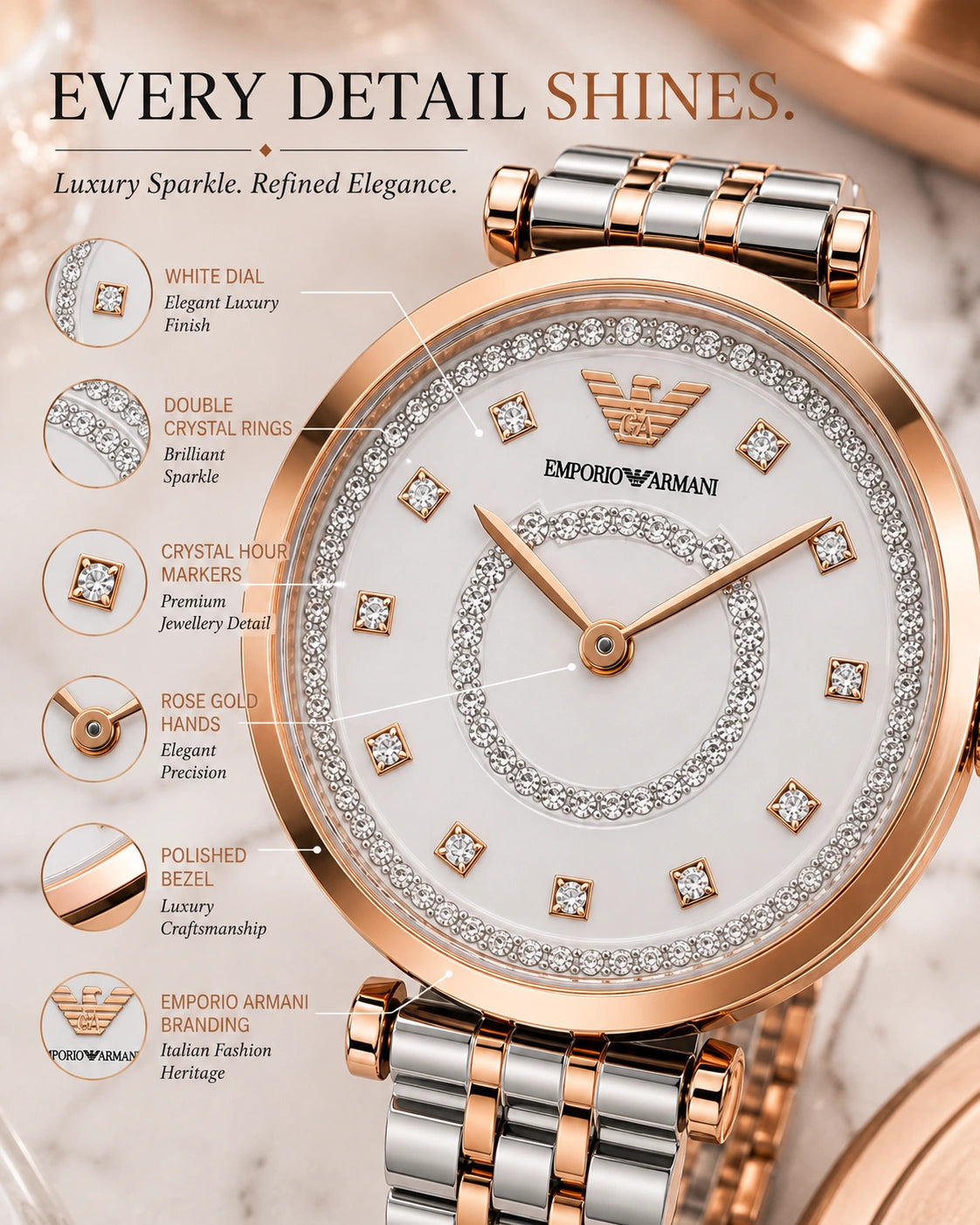 Emporio Armani White Crystal Luxury Women's Watch | White Dial Rose Gold Two-Tone Analog Watch | Premium Bracelet Watch
