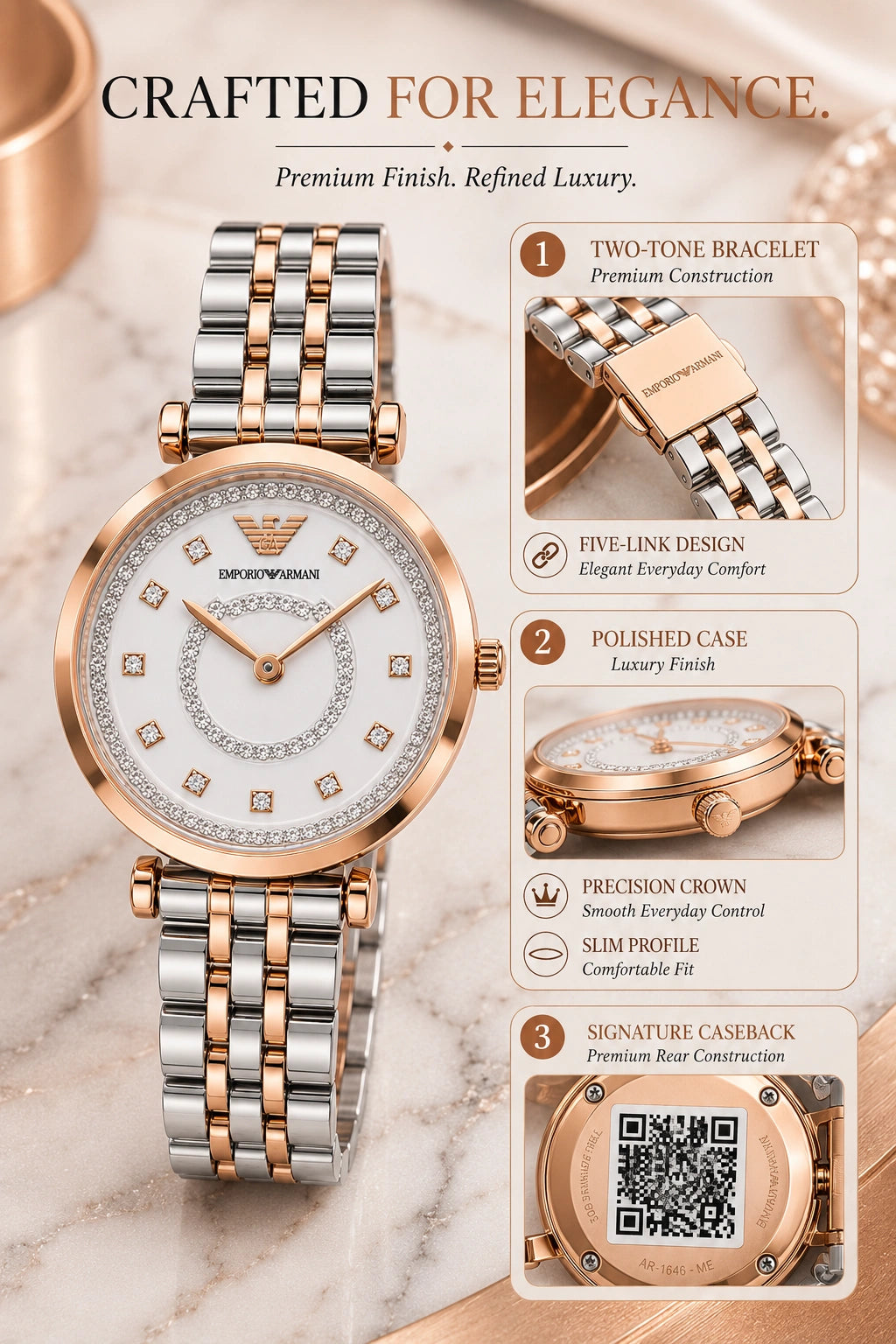 Emporio Armani White Crystal Luxury Women's Watch | White Dial Rose Gold Two-Tone Analog Watch | Premium Bracelet Watch