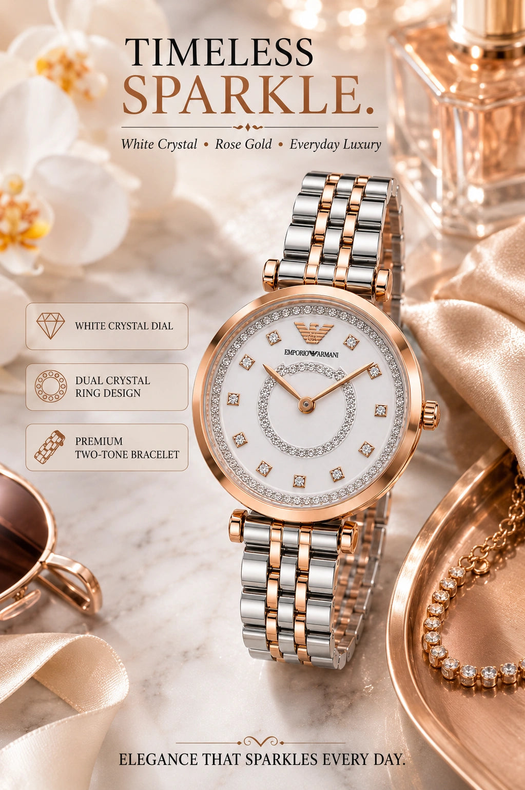 Emporio Armani White Crystal Luxury Women's Watch | White Dial Rose Gold Two-Tone Analog Watch | Premium Bracelet Watch