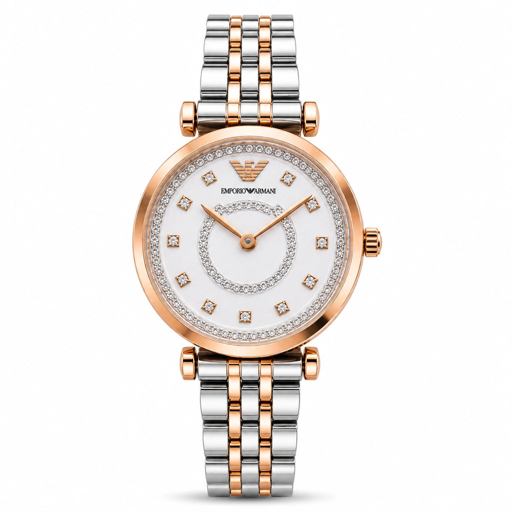 Emporio Armani White Crystal Luxury Women's Watch | White Dial Rose Gold Two-Tone Analog Watch | Premium Bracelet Watch