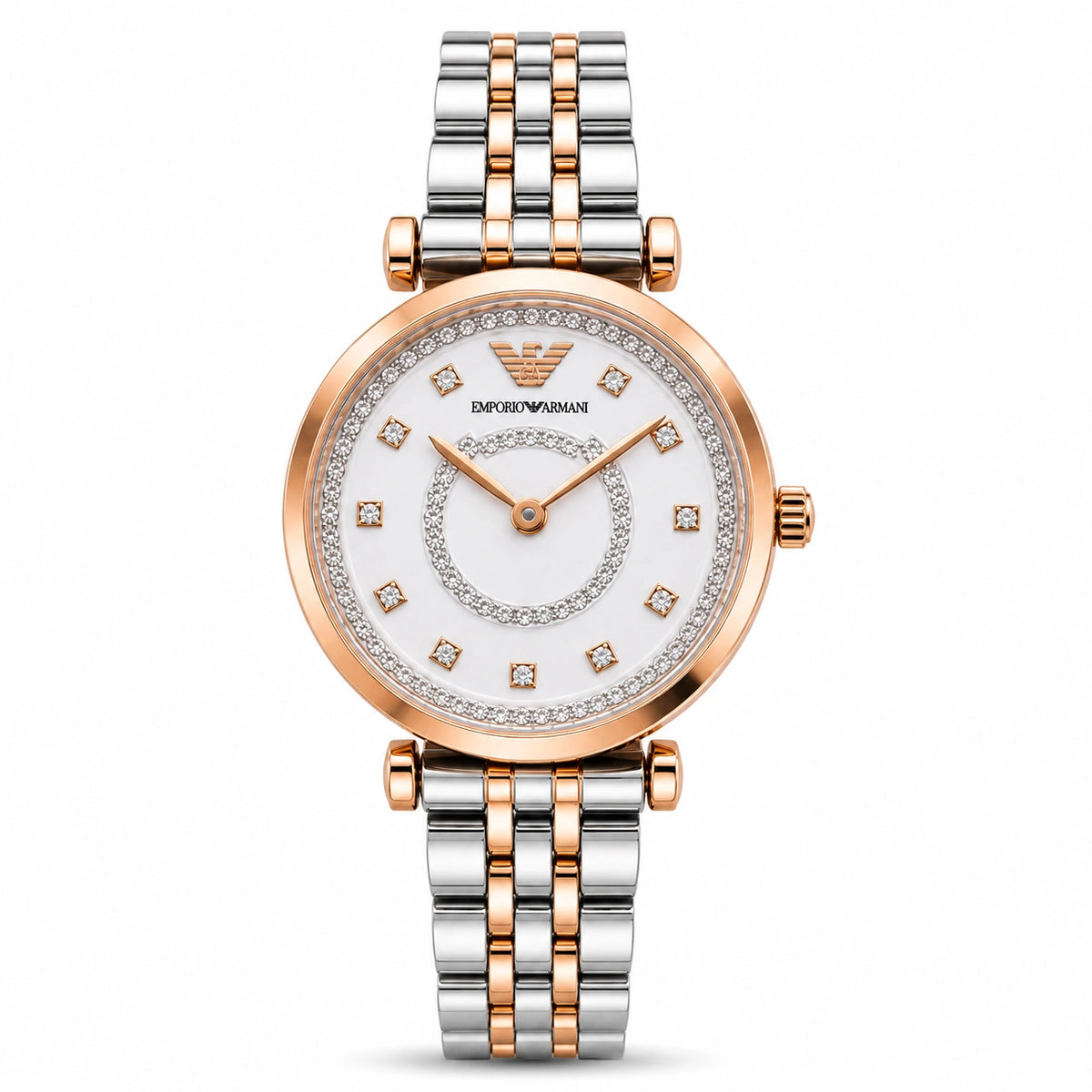 Emporio Armani White Crystal Luxury Women's Watch | White Dial Rose Gold Two-Tone Analog Watch | Premium Bracelet Watch