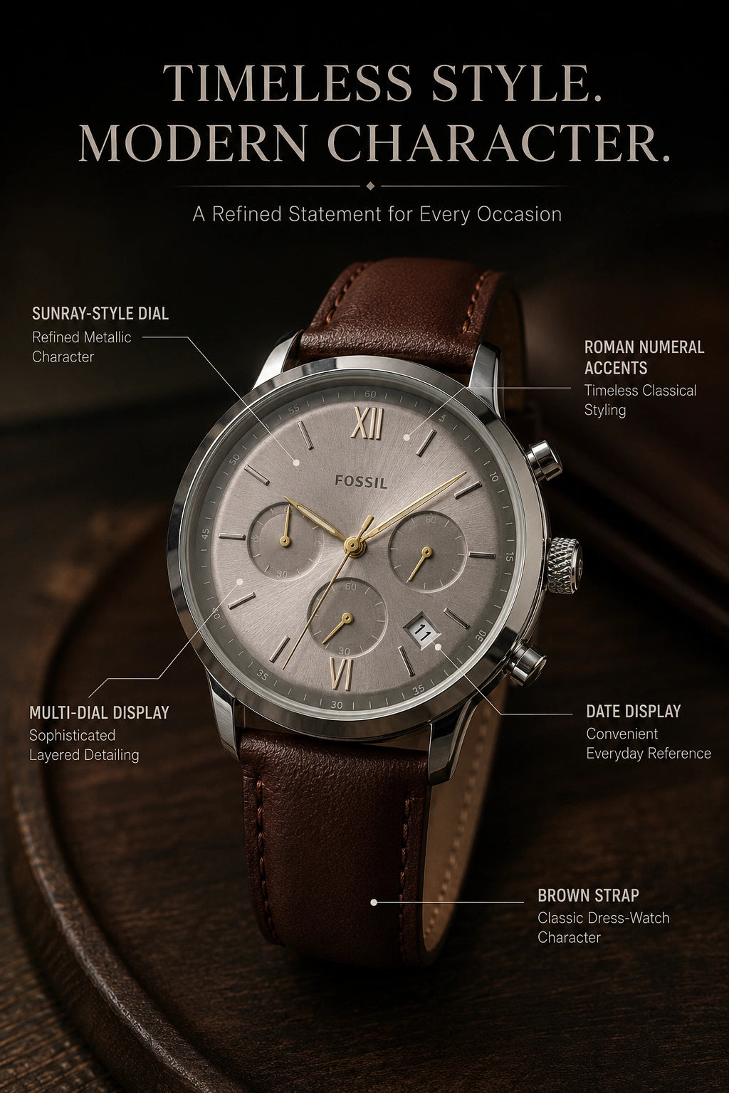Fossil FS5844 Men's Multi-Dial Analog Watch – Brown Leather Strap