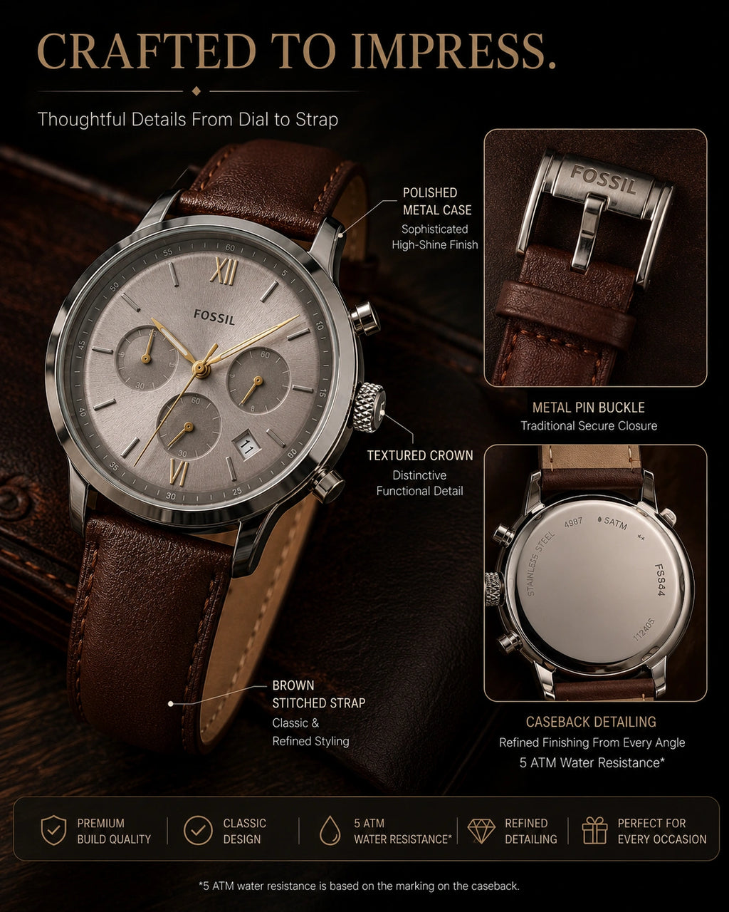 Fossil FS5844 Men's Multi-Dial Analog Watch – Brown Leather Strap
