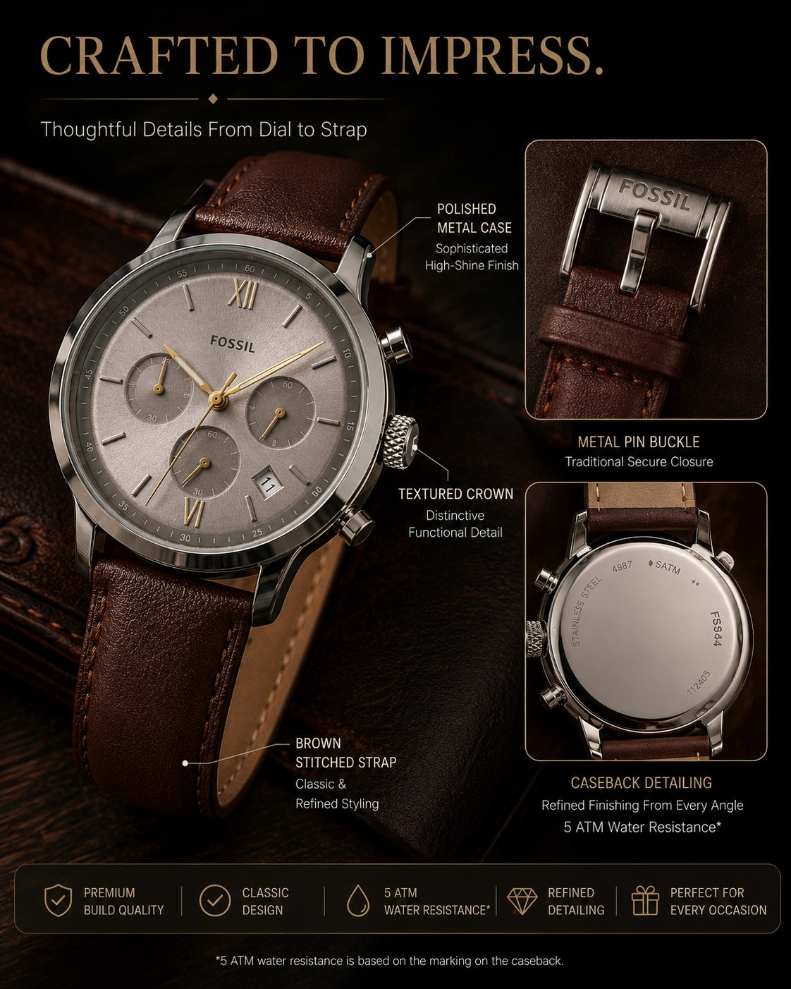 Fossil FS5844 Men's Multi-Dial Analog Watch – Brown Leather Strap