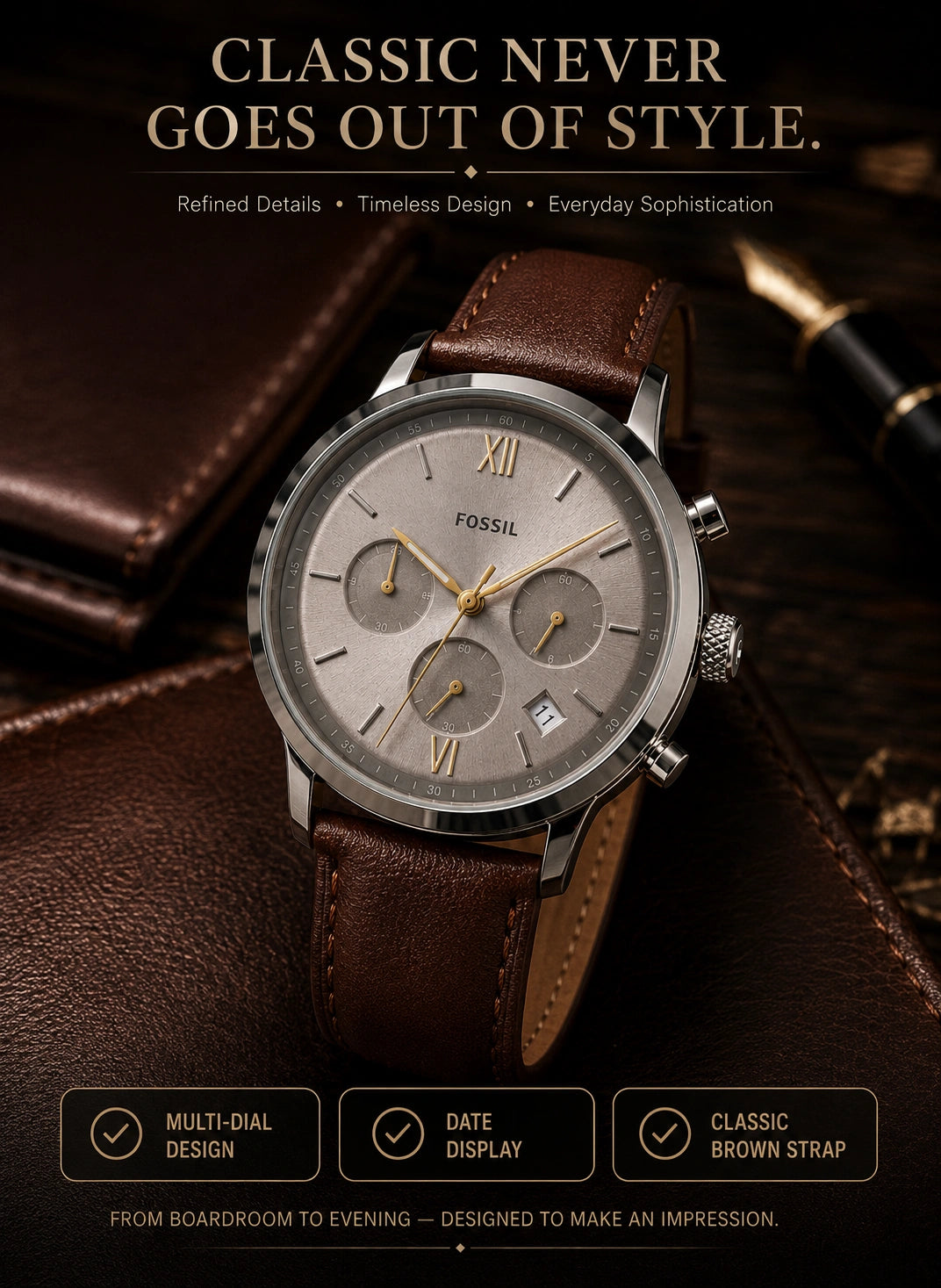 Fossil FS5844 Men's Multi-Dial Analog Watch – Brown Leather Strap