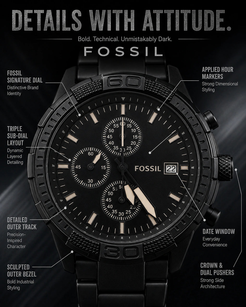 Fossil Blackout Statement Multi-Dial Men's Watch – All Black Metal Bracelet