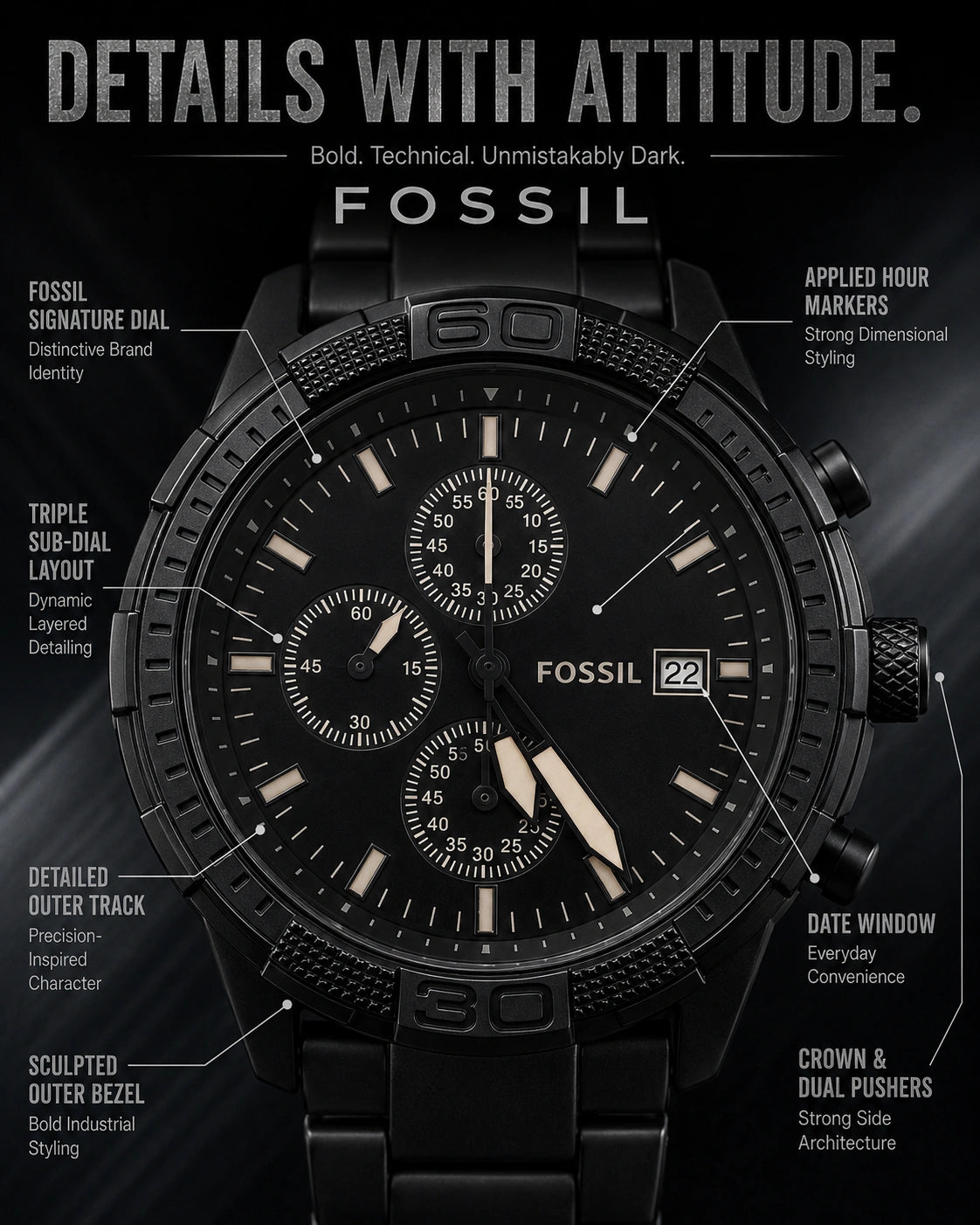 Fossil Blackout Statement Multi-Dial Men's Watch – All Black Metal Bracelet