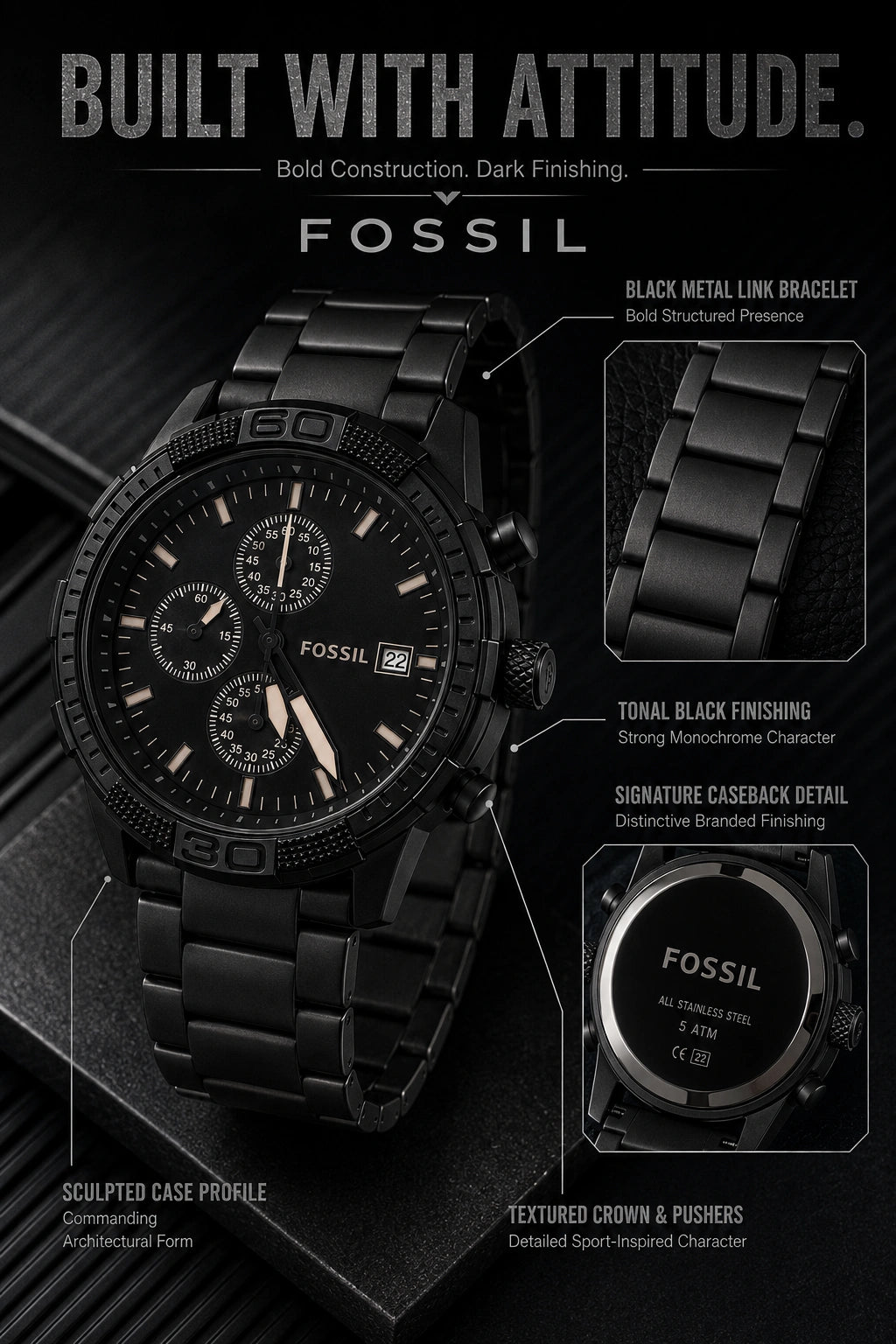 Fossil Blackout Statement Multi-Dial Men's Watch – All Black Metal Bracelet