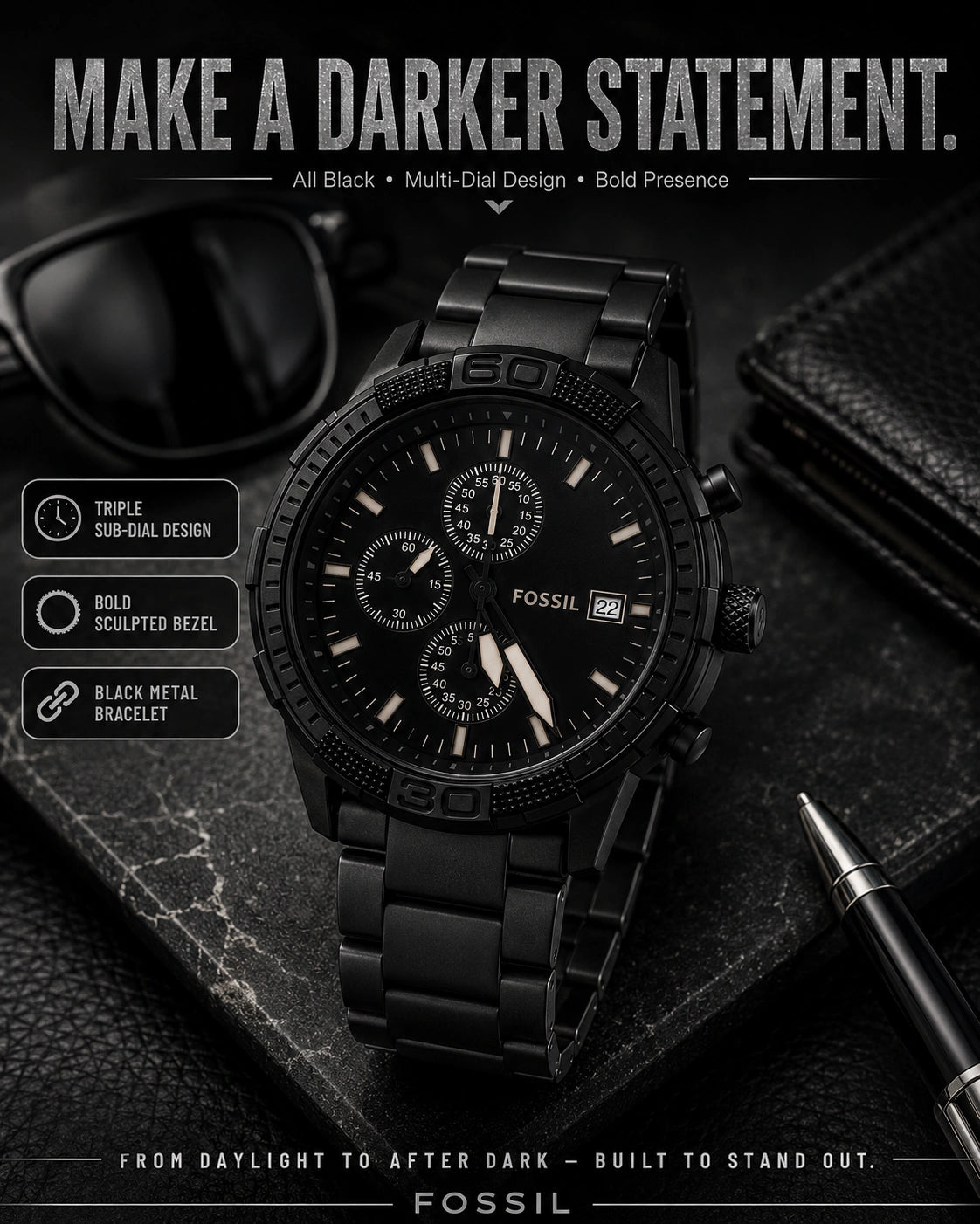 Fossil Blackout Statement Multi-Dial Men's Watch – All Black Metal Bracelet