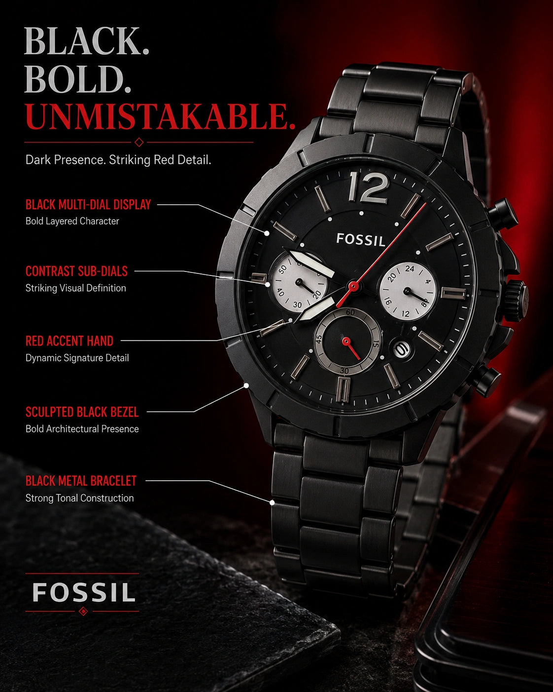 Fossil Blackout Redline Multi-Dial Men's Watch – Black Metal Bracelet