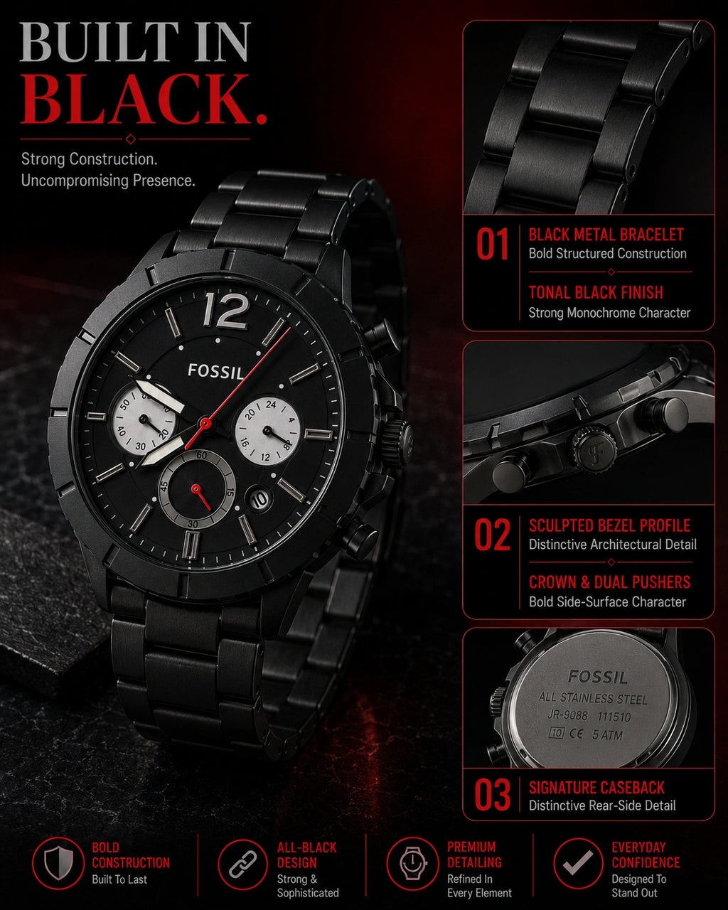Fossil Blackout Redline Multi-Dial Men's Watch – Black Metal Bracelet
