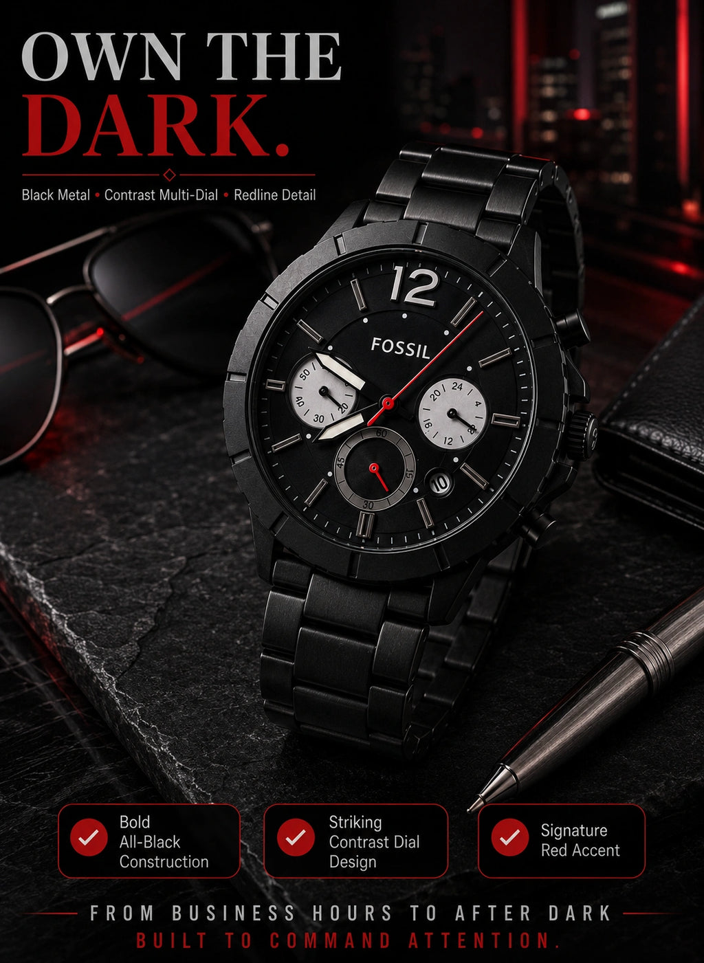 Fossil Blackout Redline Multi-Dial Men's Watch – Black Metal Bracelet