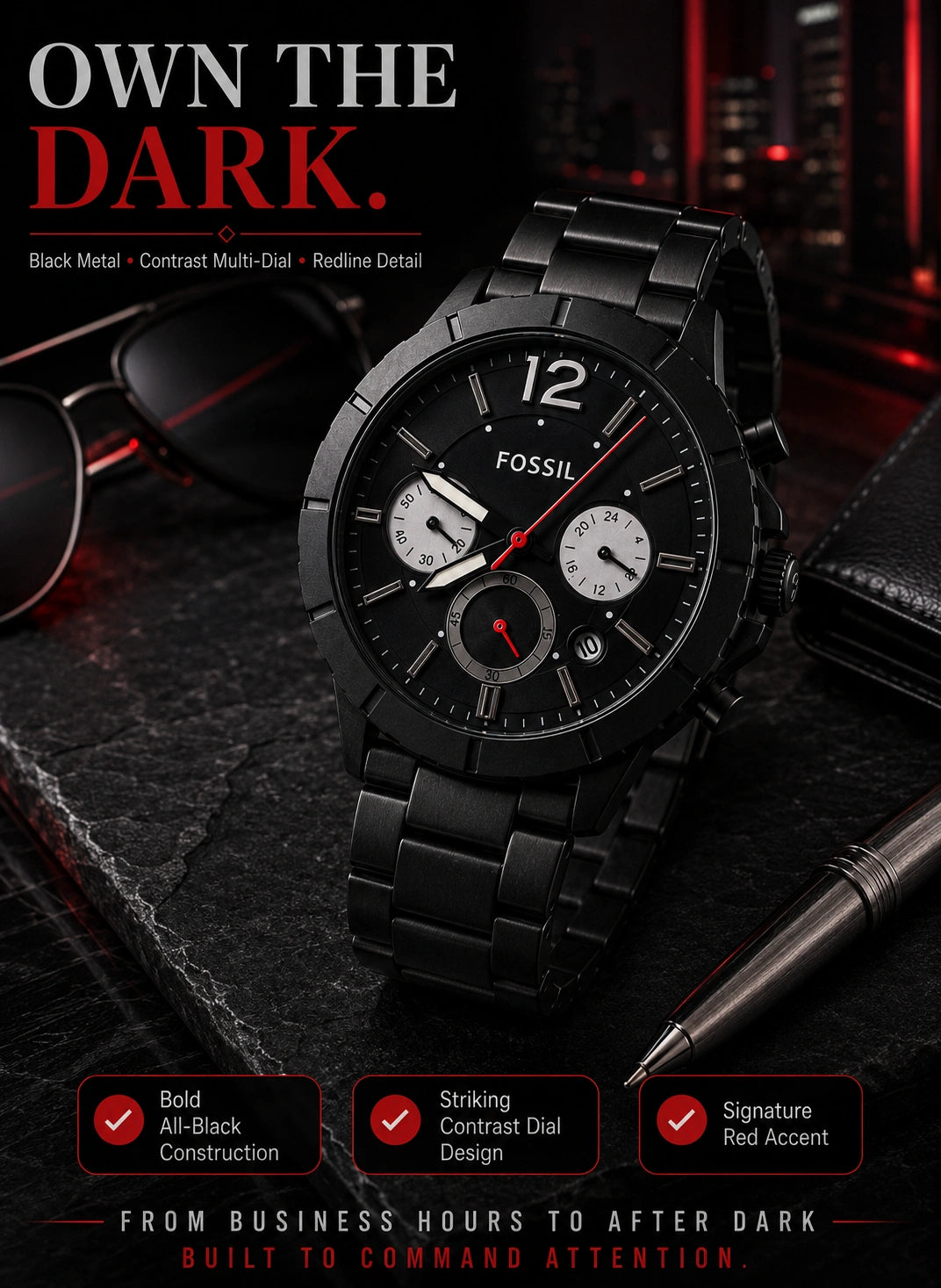 Fossil Blackout Redline Multi-Dial Men's Watch – Black Metal Bracelet
