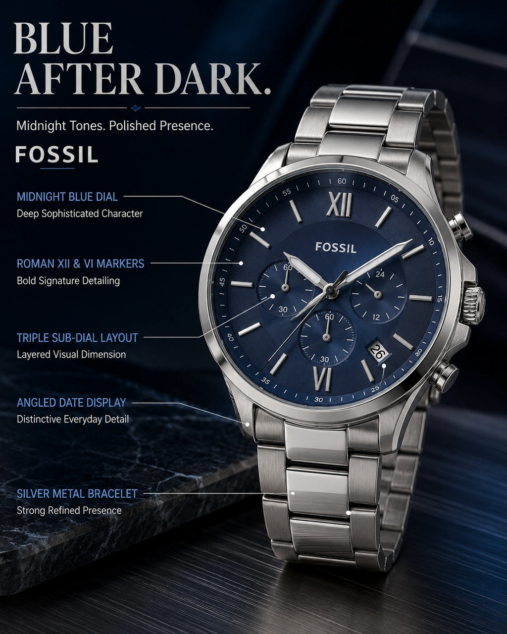 Fossil Men's Chronograph Stainless Steel Watch | Midnight Blue Dial | Silver Metal Bracelet