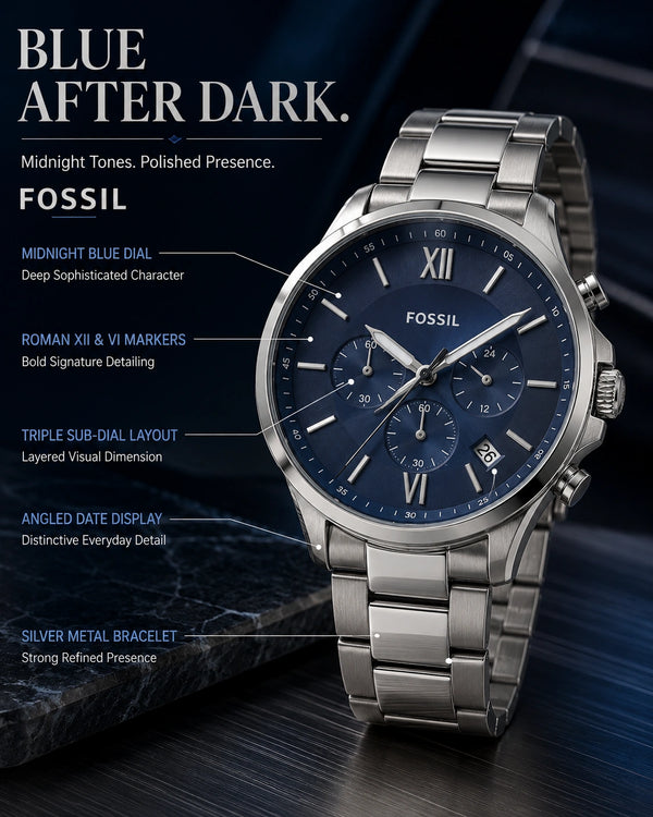 Fossil Men's Chronograph Stainless Steel Watch | Midnight Blue Dial | Silver Metal Bracelet