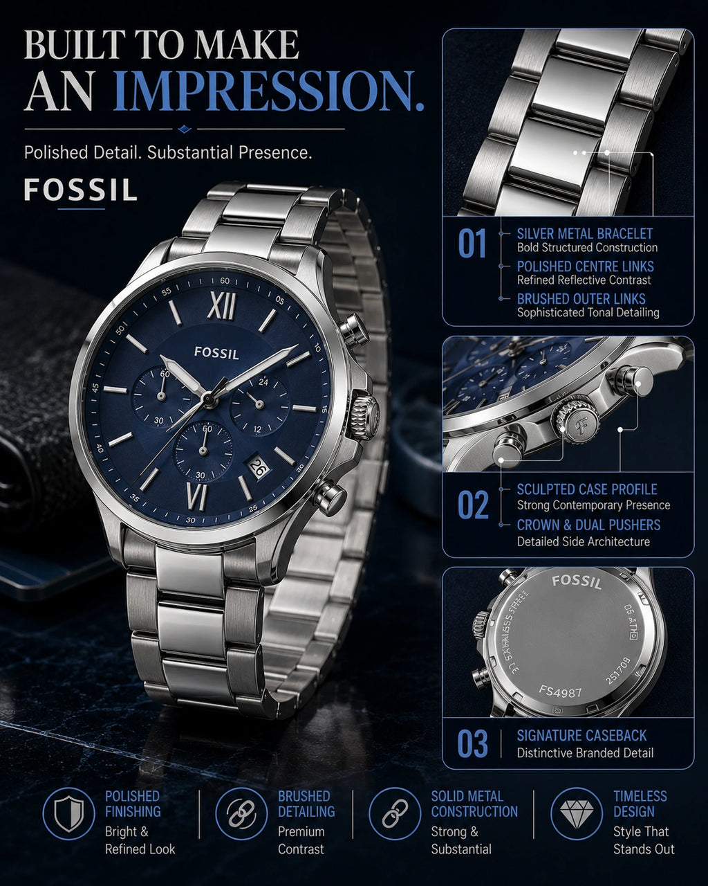 Fossil Men's Chronograph Stainless Steel Watch | Midnight Blue Dial | Silver Metal Bracelet