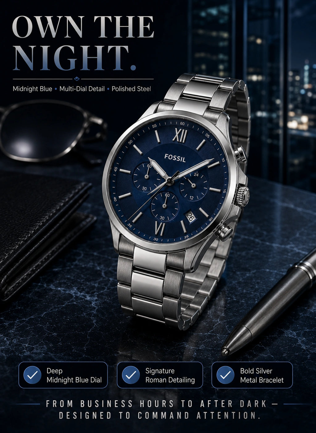Fossil Men's Chronograph Stainless Steel Watch | Midnight Blue Dial | Silver Metal Bracelet