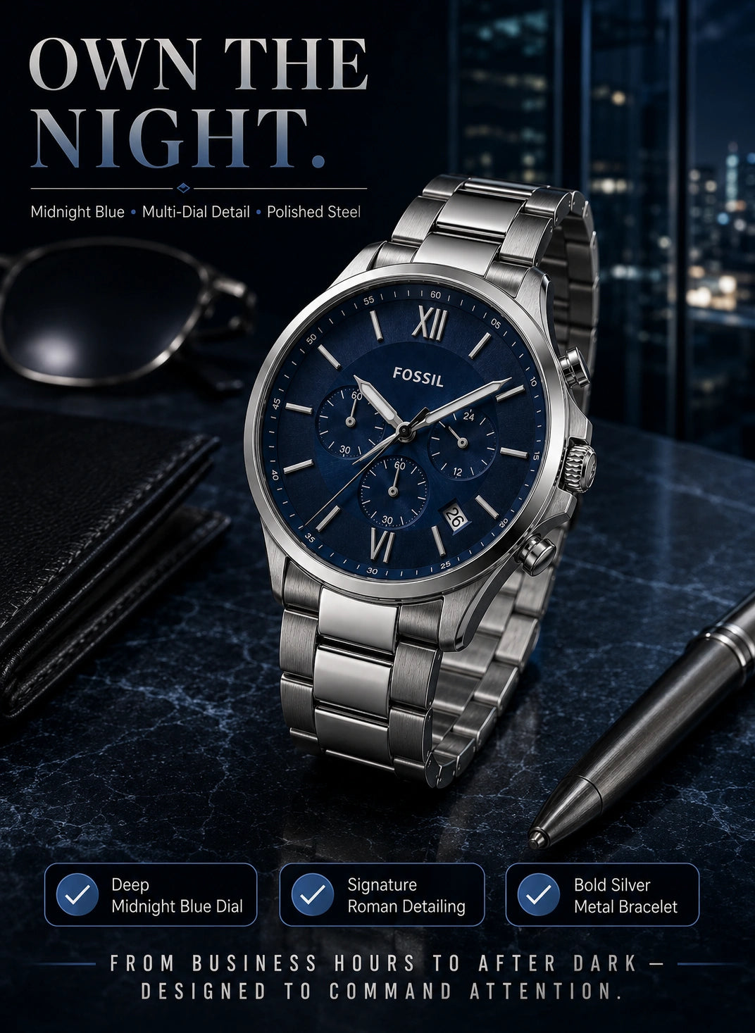 Fossil Men's Chronograph Stainless Steel Watch | Midnight Blue Dial | Silver Metal Bracelet