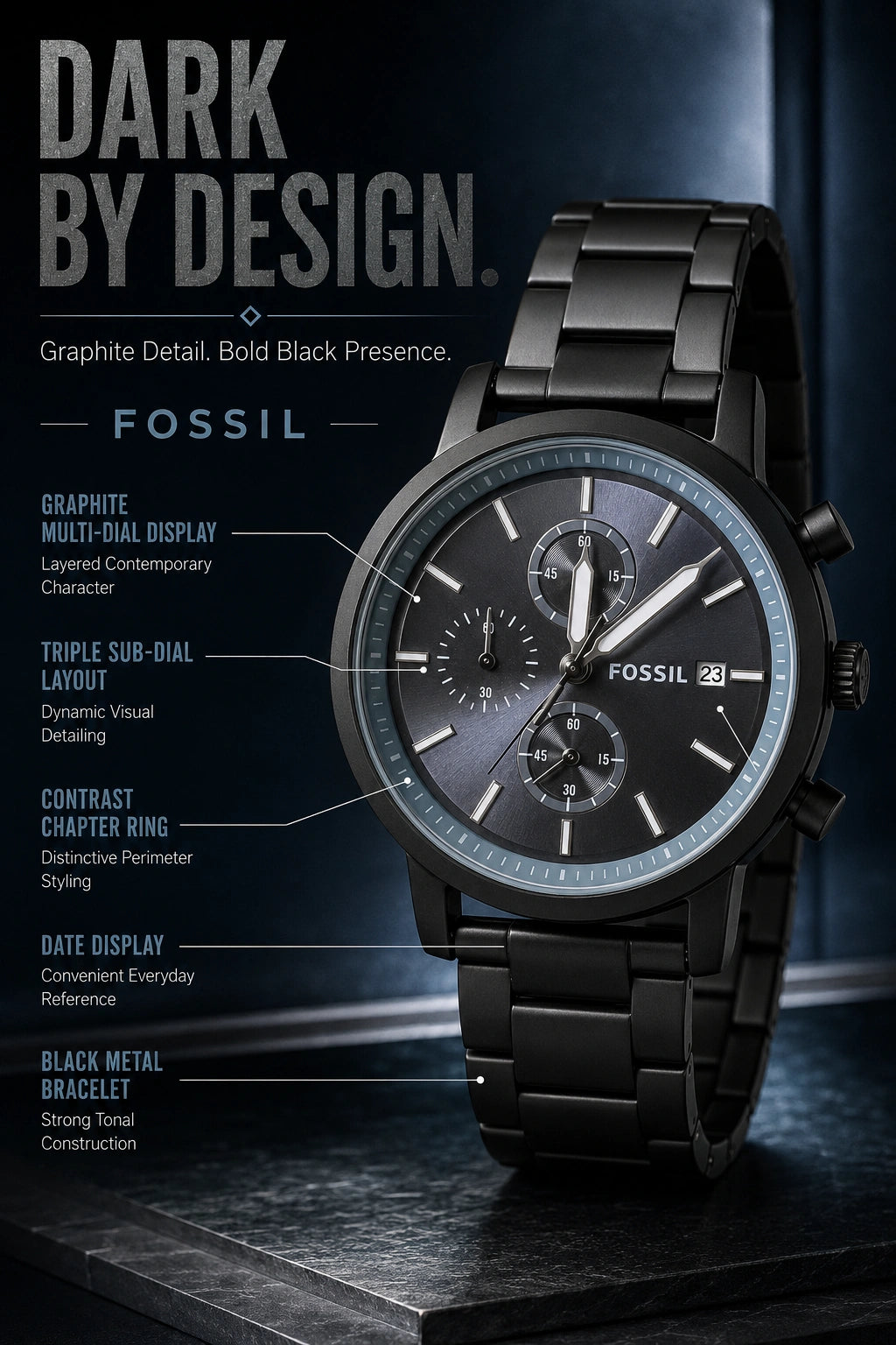 Fossil Men's Chronograph Black Stainless Steel Watch | Graphite Dial | Black Metal Bracelet