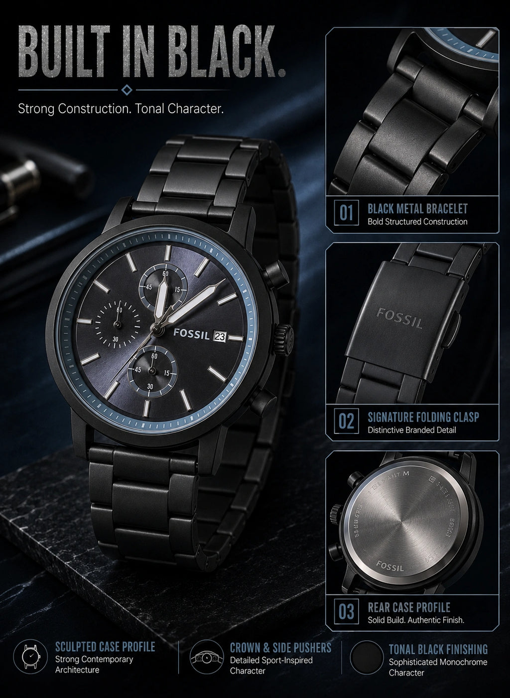 Fossil Men's Chronograph Black Stainless Steel Watch | Graphite Dial | Black Metal Bracelet