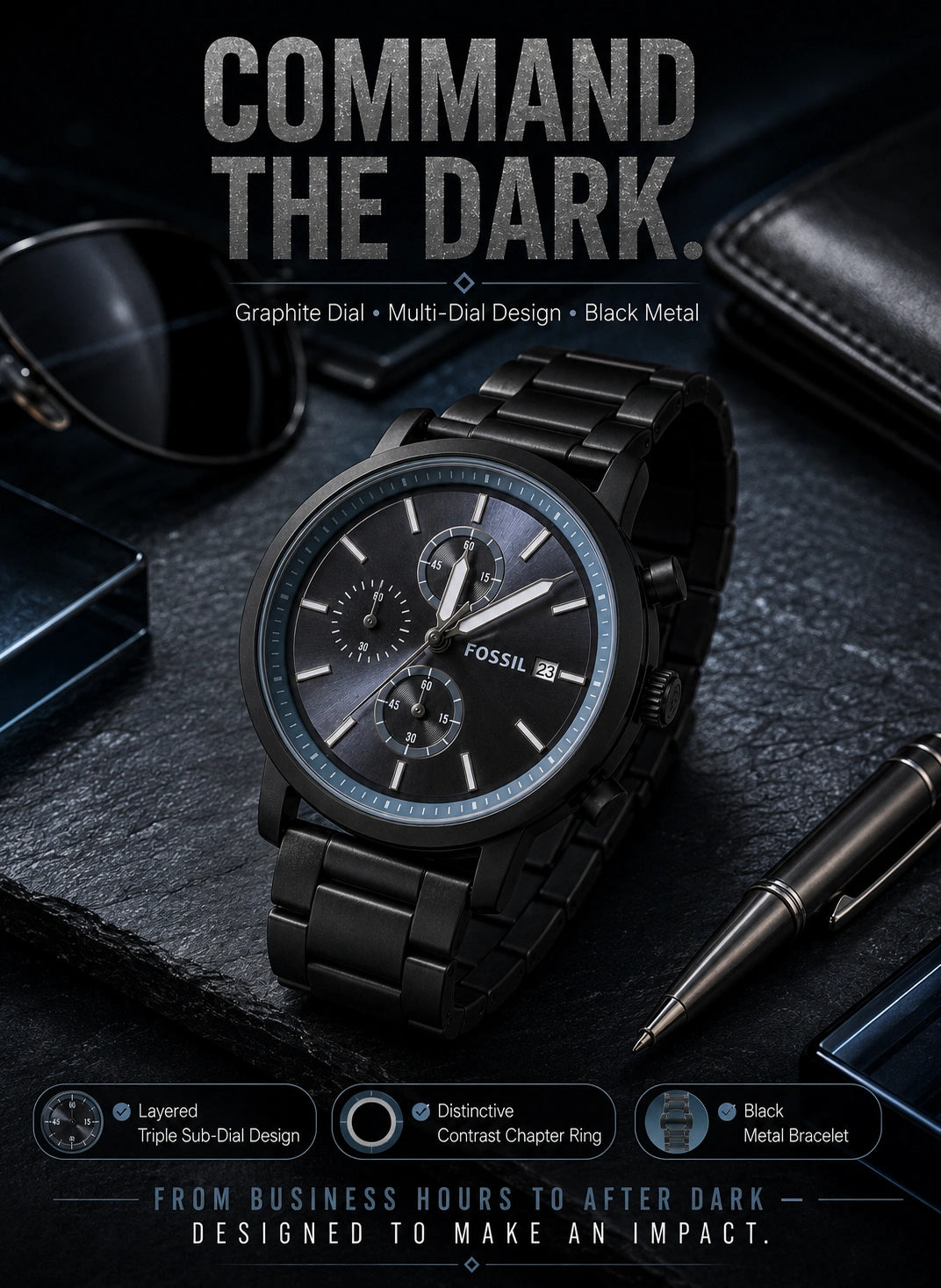 Fossil Men's Chronograph Black Stainless Steel Watch | Graphite Dial | Black Metal Bracelet