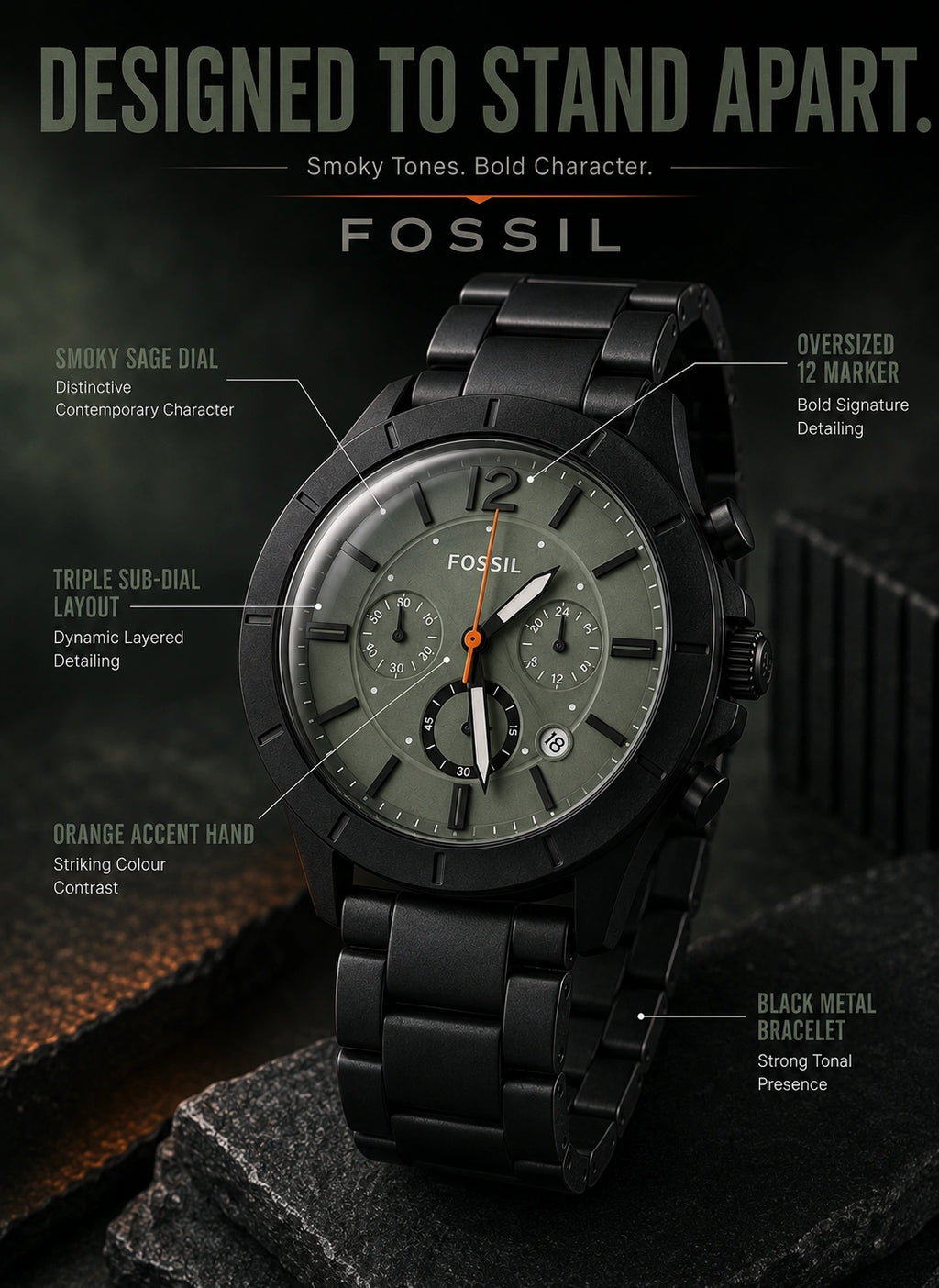 Fossil BQ2828 Men's Chronograph Watch | Smoky Sage Green Dial | Black Stainless Steel Bracelet