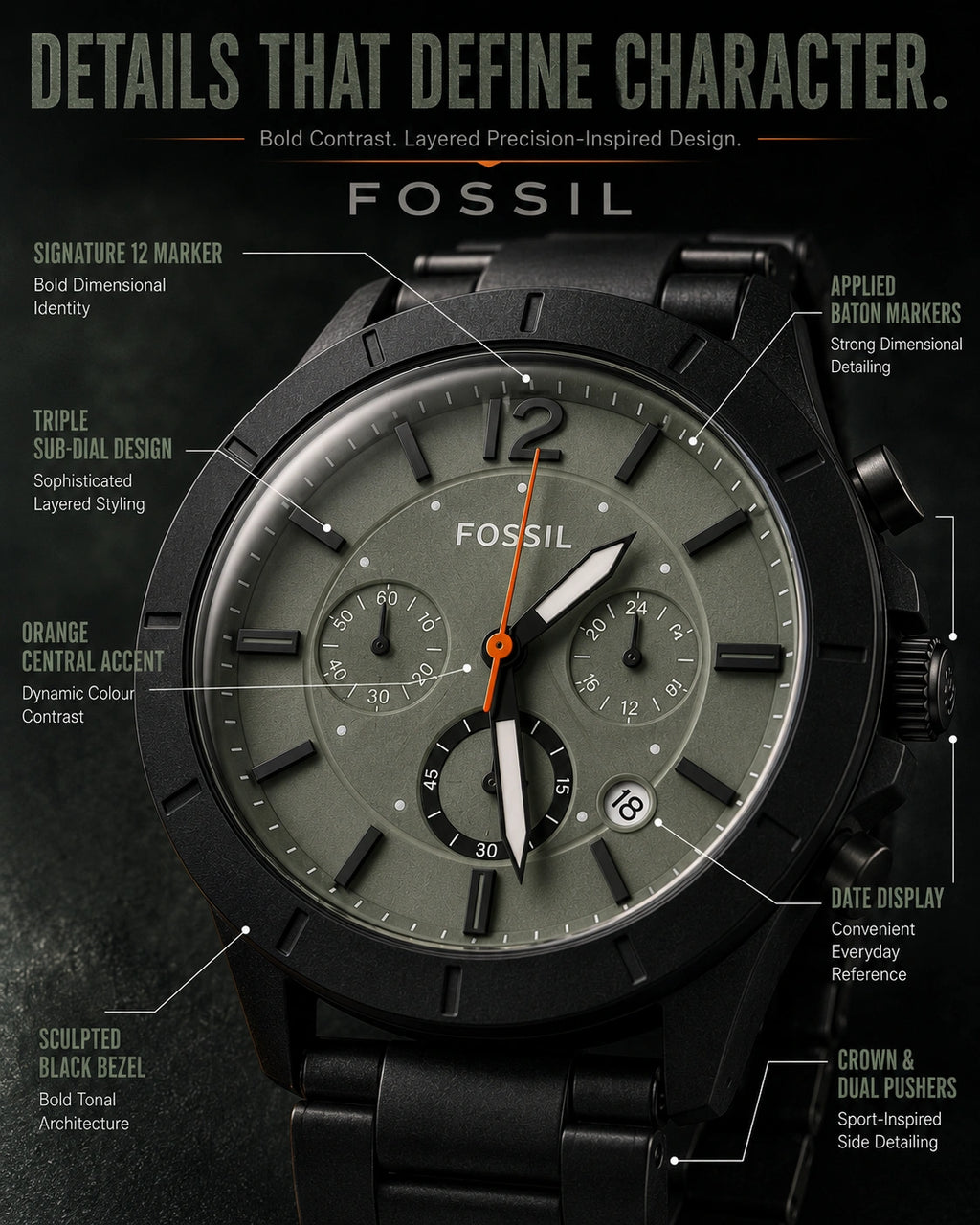 Fossil BQ2828 Men's Chronograph Watch | Smoky Sage Green Dial | Black Stainless Steel Bracelet