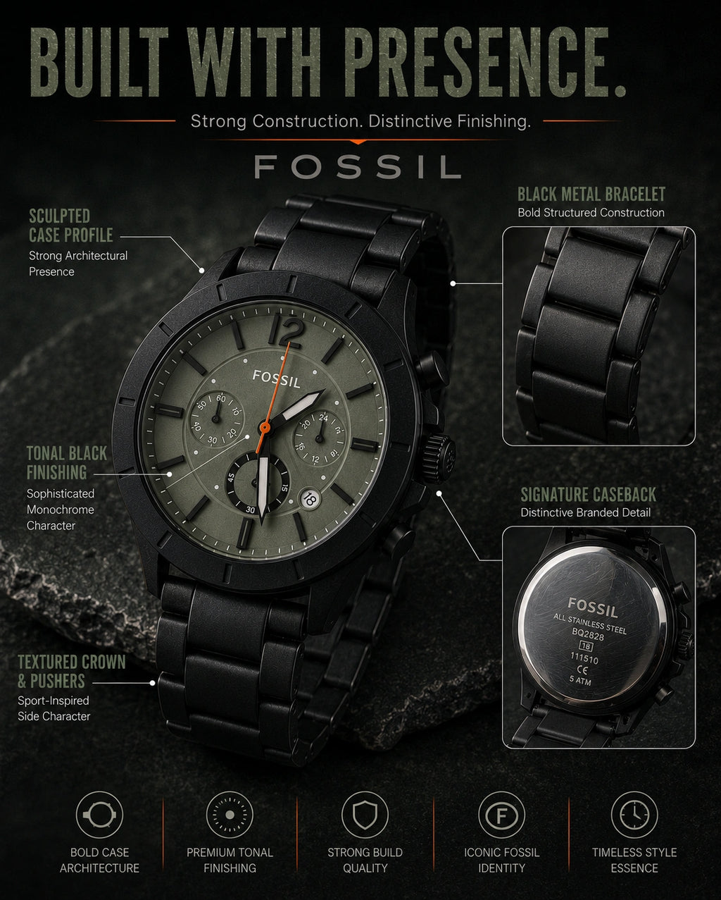 Fossil BQ2828 Men's Chronograph Watch | Smoky Sage Green Dial | Black Stainless Steel Bracelet