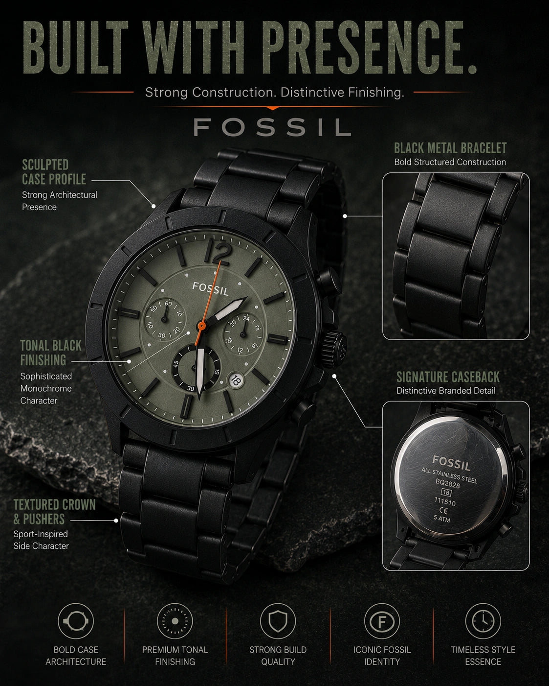 Fossil BQ2828 Men's Chronograph Watch | Smoky Sage Green Dial | Black Stainless Steel Bracelet