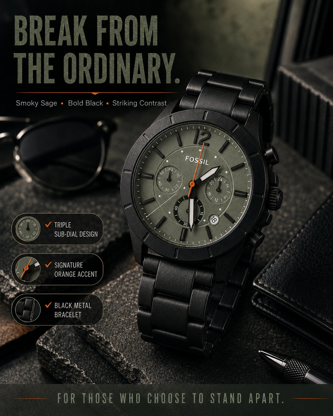 Fossil BQ2828 Men's Chronograph Watch | Smoky Sage Green Dial | Black Stainless Steel Bracelet