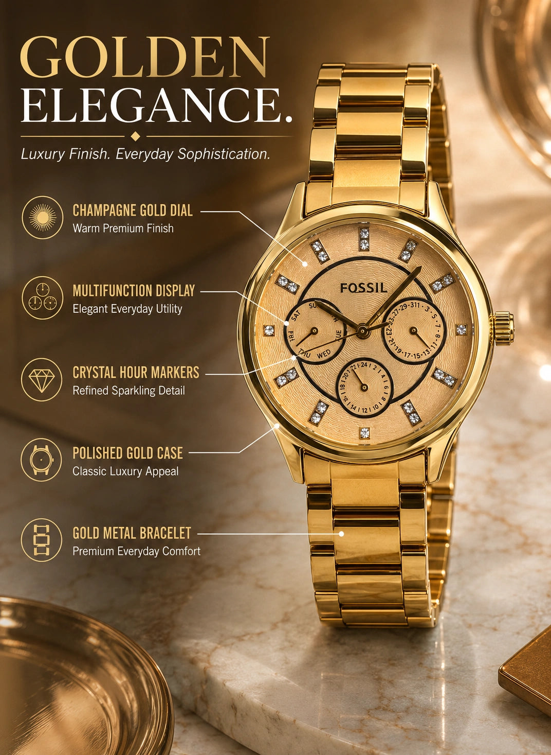 Fossil Gold Multifunction Women's Watch | Champagne Gold Dial Analog Watch | Premium Gold Stainless Steel Bracelet