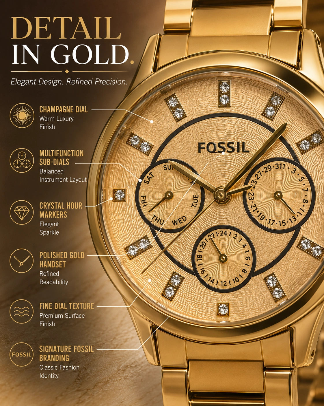 Fossil Gold Multifunction Women's Watch | Champagne Gold Dial Analog Watch | Premium Gold Stainless Steel Bracelet