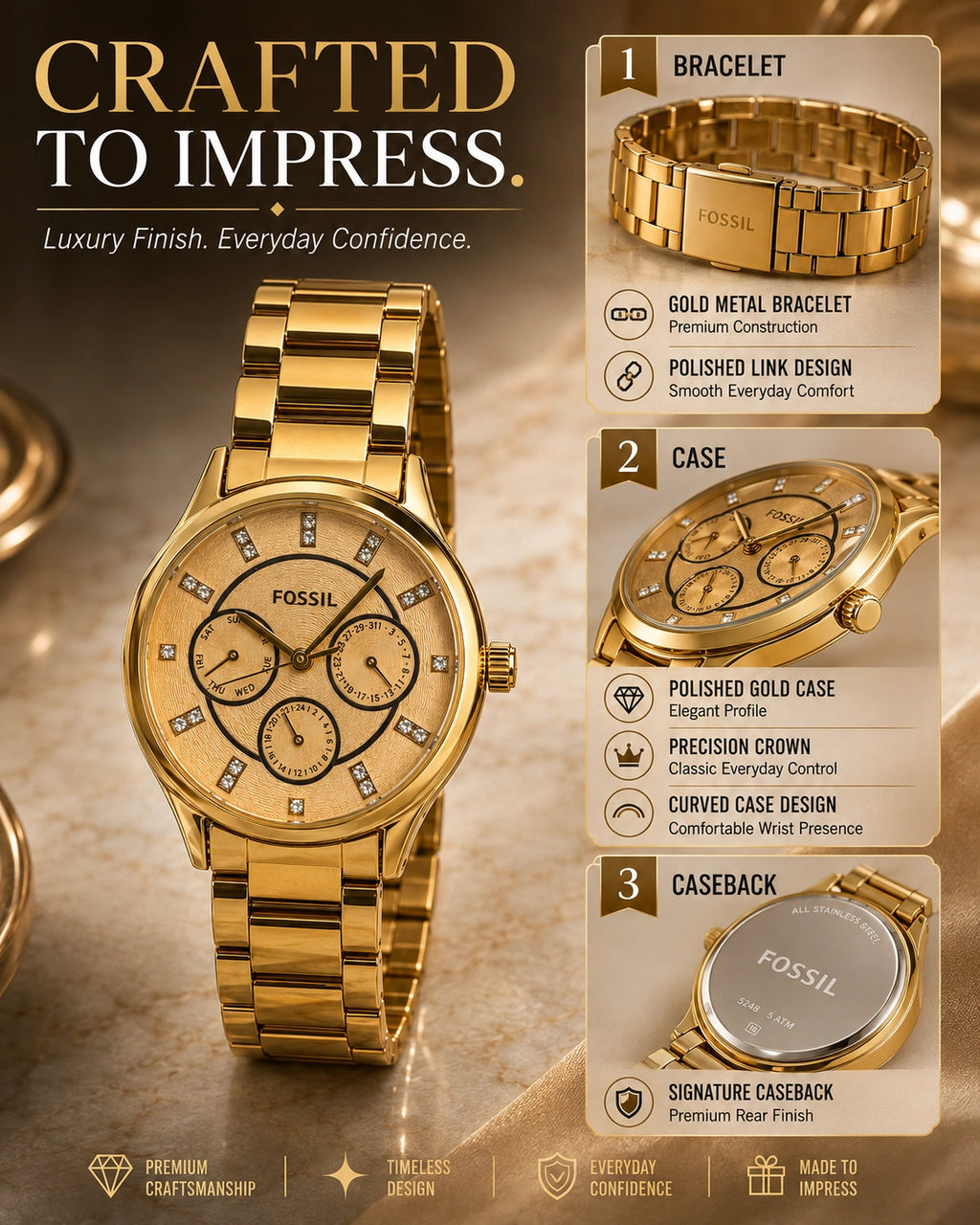 Fossil Gold Multifunction Women's Watch | Champagne Gold Dial Analog Watch | Premium Gold Stainless Steel Bracelet