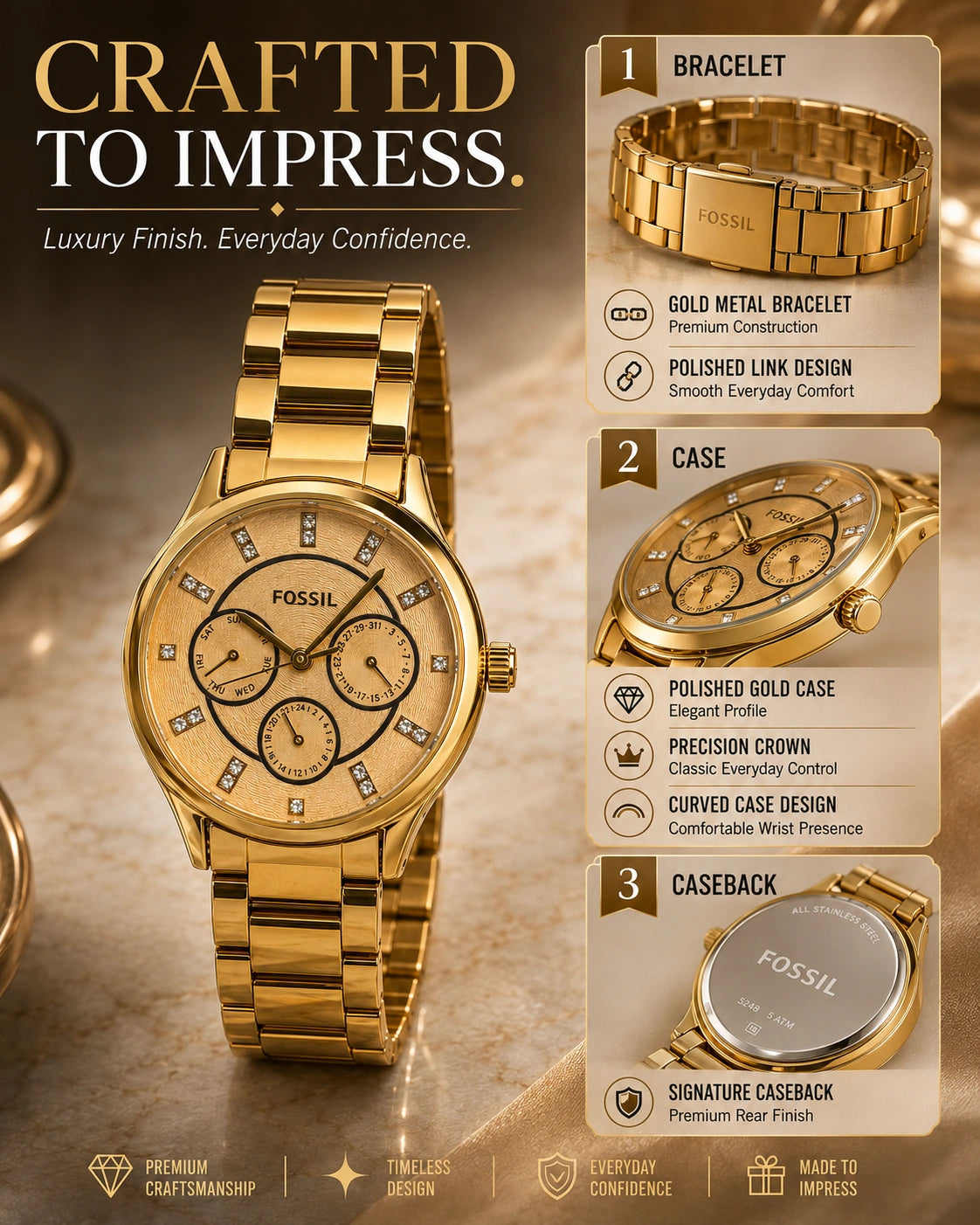 Fossil Gold Multifunction Women's Watch | Champagne Gold Dial Analog Watch | Premium Gold Stainless Steel Bracelet