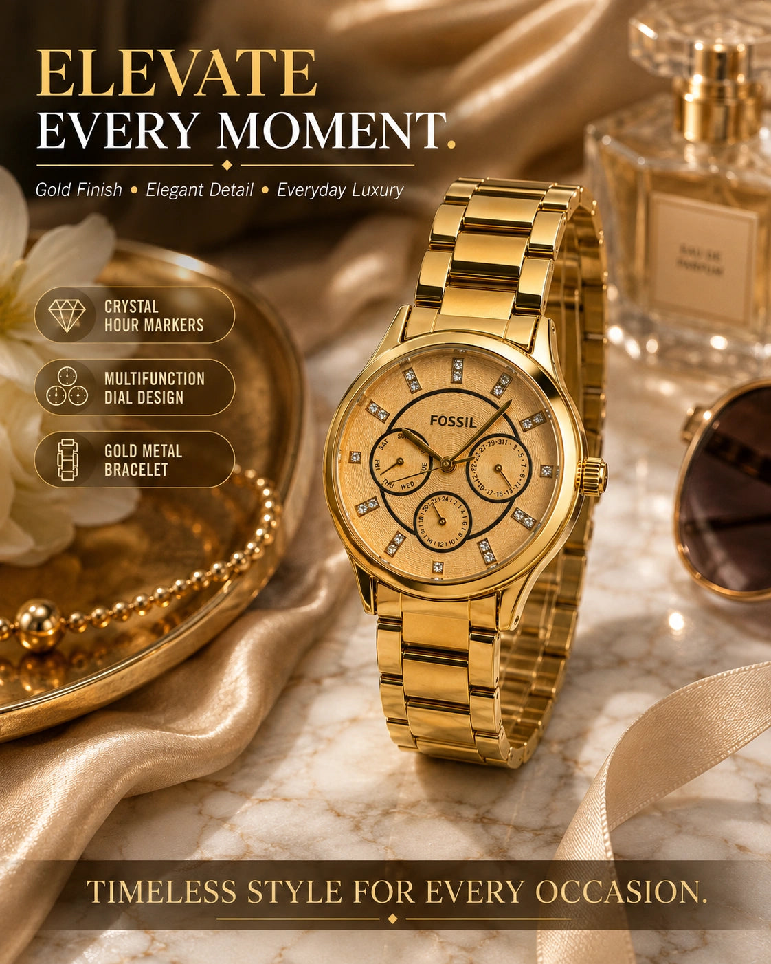 Fossil Gold Multifunction Women's Watch | Champagne Gold Dial Analog Watch | Premium Gold Stainless Steel Bracelet