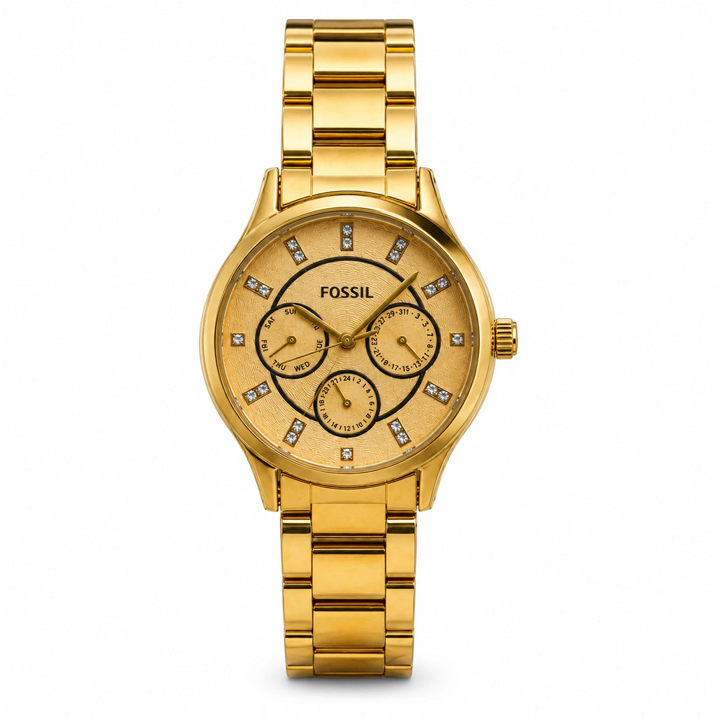 Fossil Gold Multifunction Women's Watch | Champagne Gold Dial Analog Watch | Premium Gold Stainless Steel Bracelet