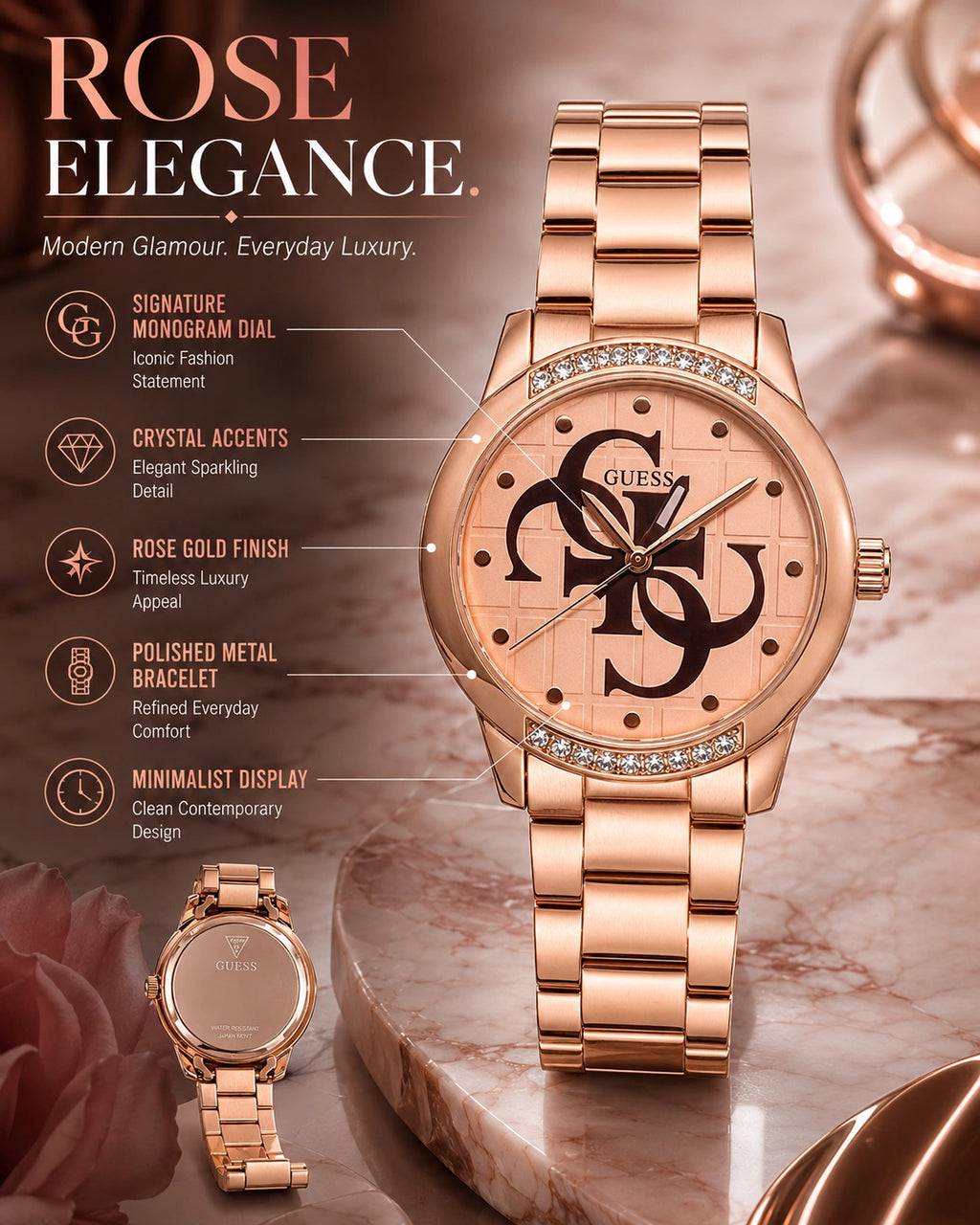 Guess Rose Gold Women's Analog Watch | Crystal Bezel | Premium Rose Gold Stainless Steel Bracelet Watch.