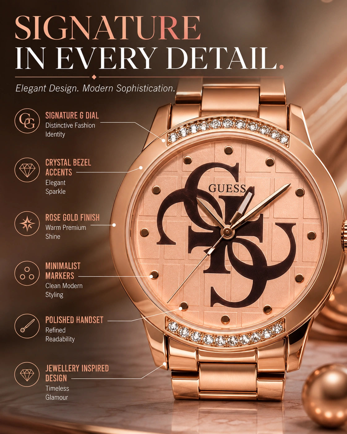Guess Rose Gold Women's Analog Watch | Crystal Bezel | Premium Rose Gold Stainless Steel Bracelet Watch.