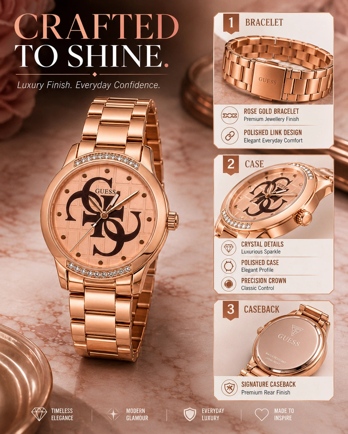 Guess Rose Gold Women's Analog Watch | Crystal Bezel | Premium Rose Gold Stainless Steel Bracelet Watch.