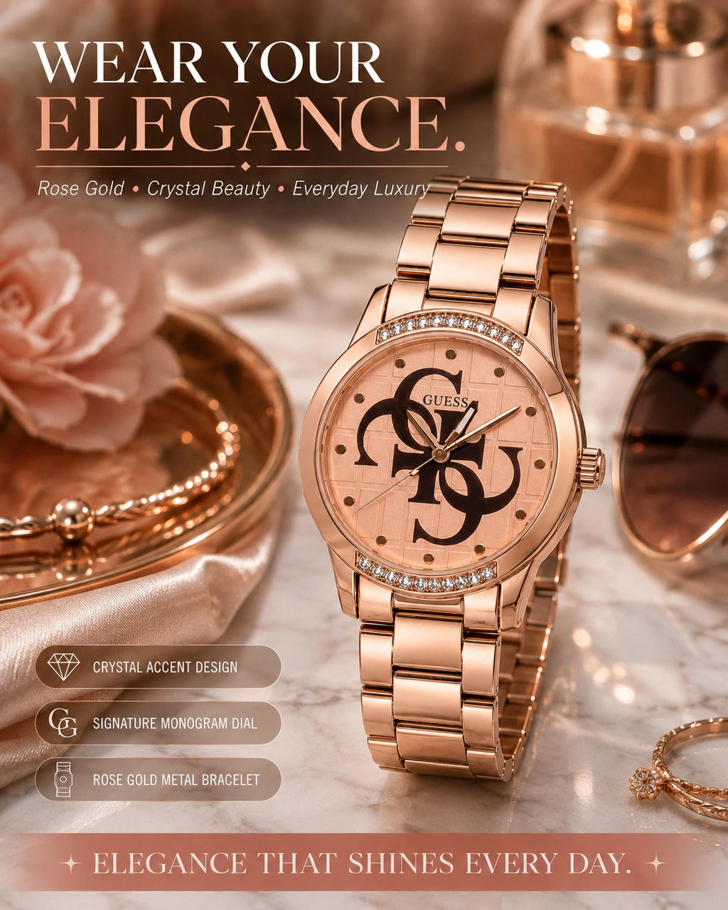 Guess Rose Gold Women's Analog Watch | Crystal Bezel | Premium Rose Gold Stainless Steel Bracelet Watch.