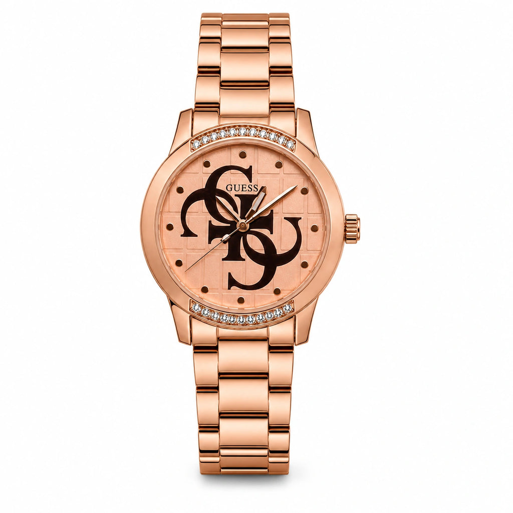 Guess Rose Gold Women's Analog Watch | Crystal Bezel | Premium Rose Gold Stainless Steel Bracelet Watch.