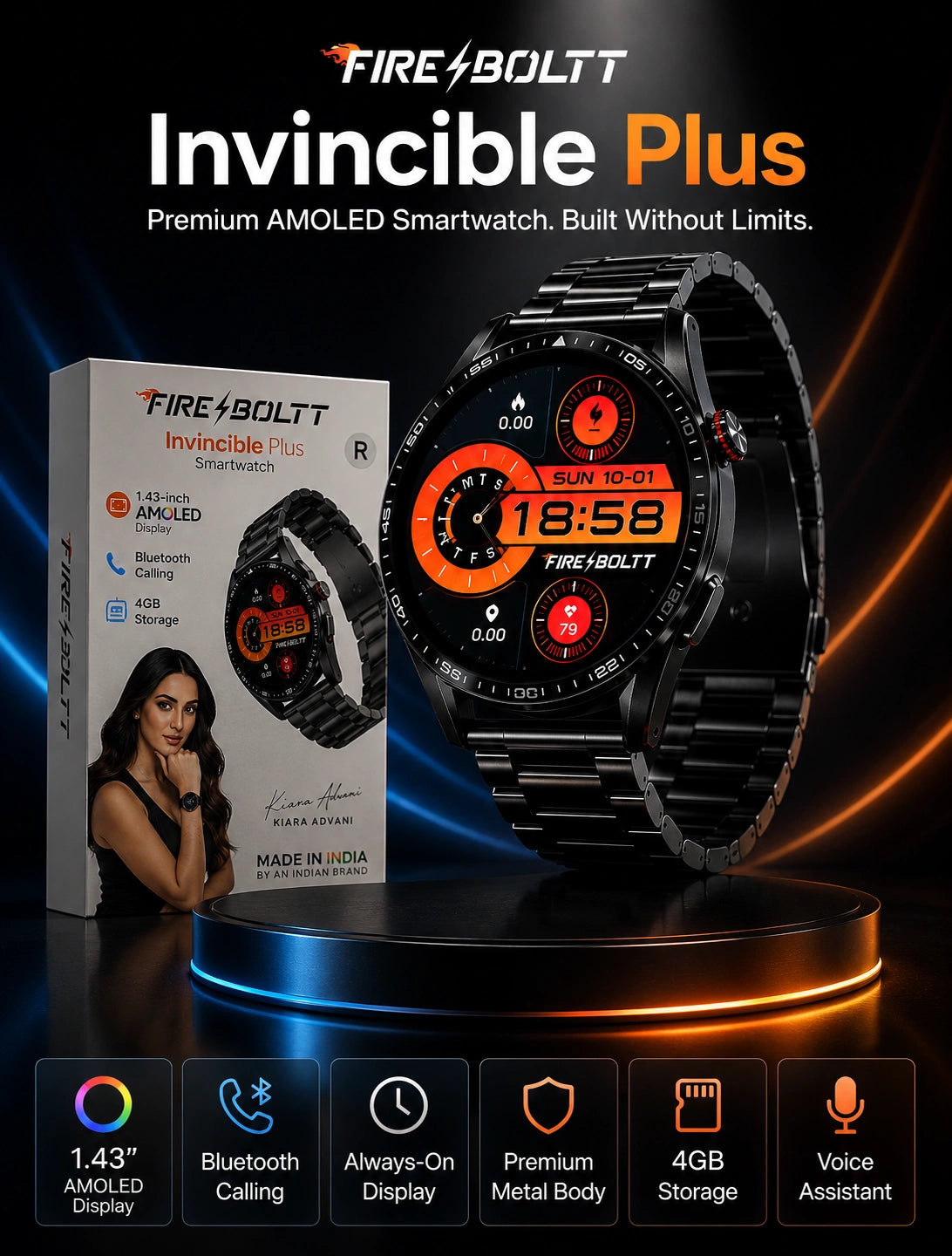 Fire-Boltt Invincible Plus 1.43" AMOLED Bluetooth Calling Smartwatch with 4GB Storage | Black Metal Strap