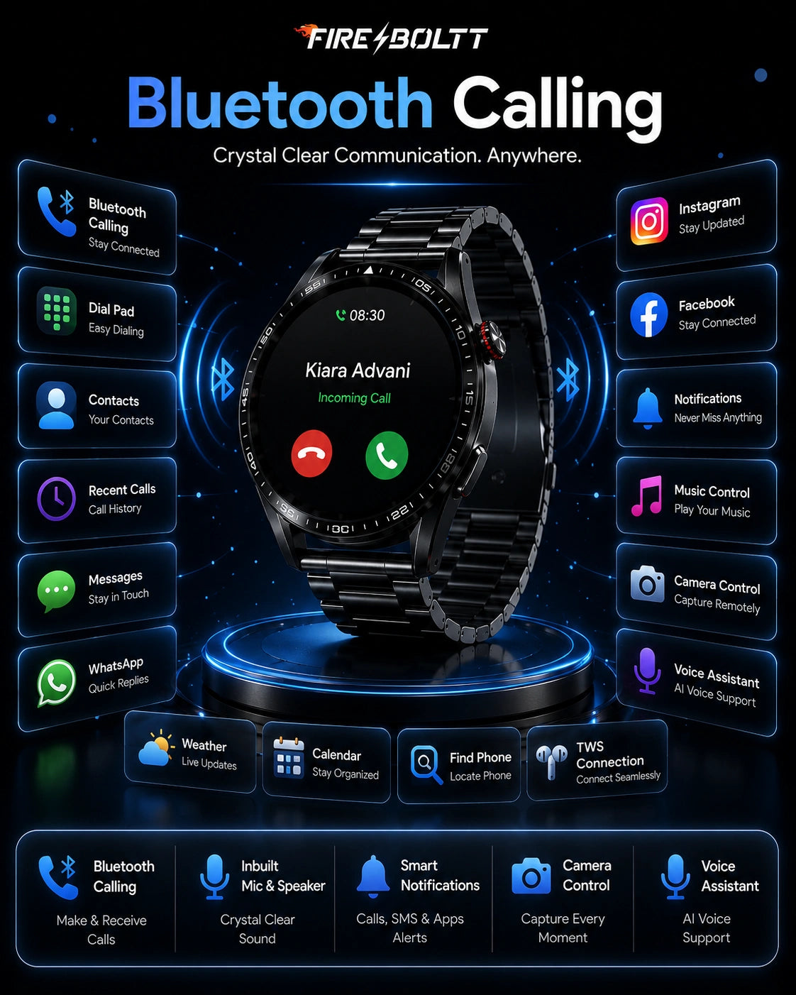 Fire-Boltt Invincible Plus 1.43" AMOLED Bluetooth Calling Smartwatch with 4GB Storage | Black Metal Strap