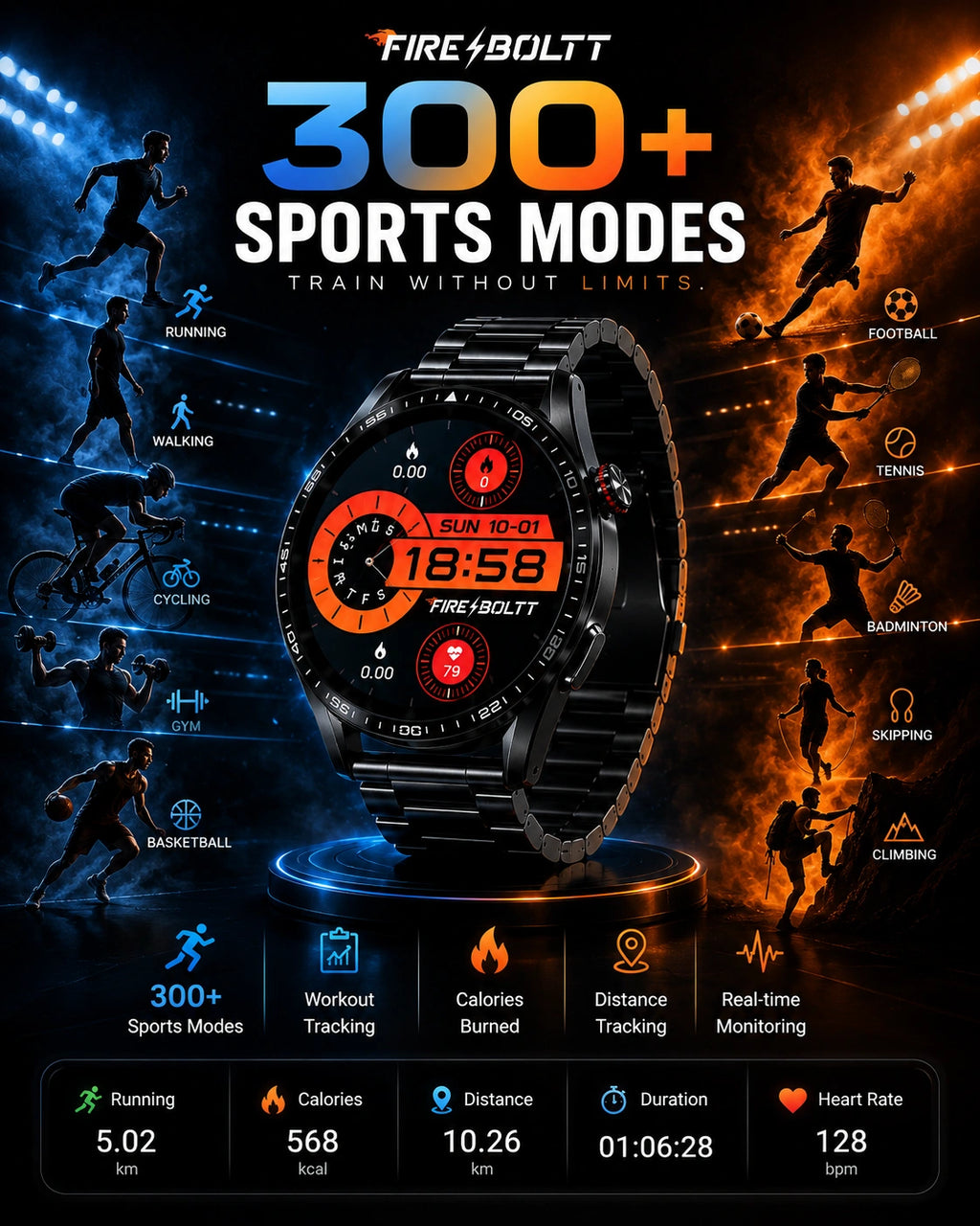 Fire-Boltt Invincible Plus 1.43" AMOLED Bluetooth Calling Smartwatch with 4GB Storage | Black Metal Strap