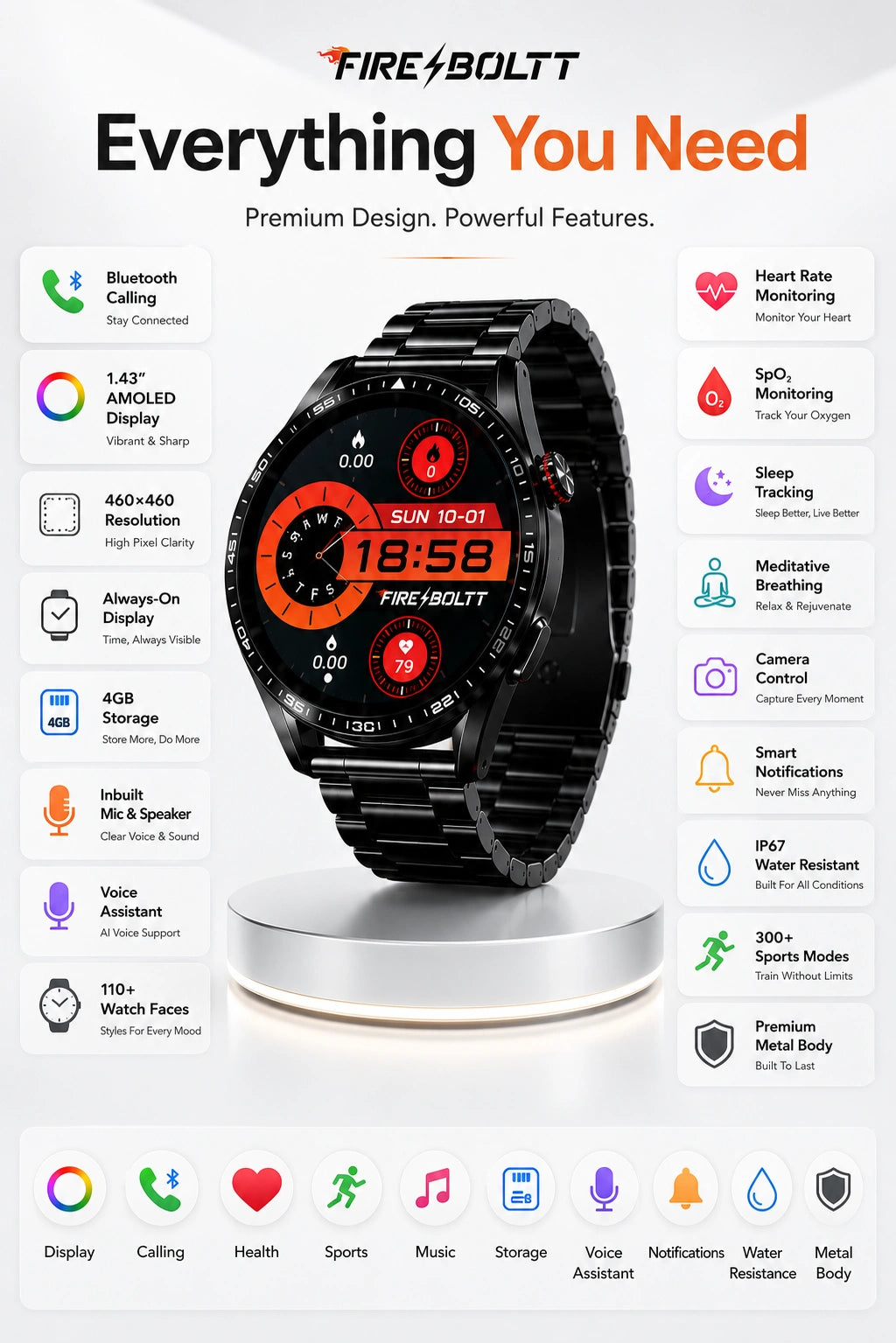 Fire-Boltt Invincible Plus 1.43" AMOLED Bluetooth Calling Smartwatch with 4GB Storage | Black Metal Strap